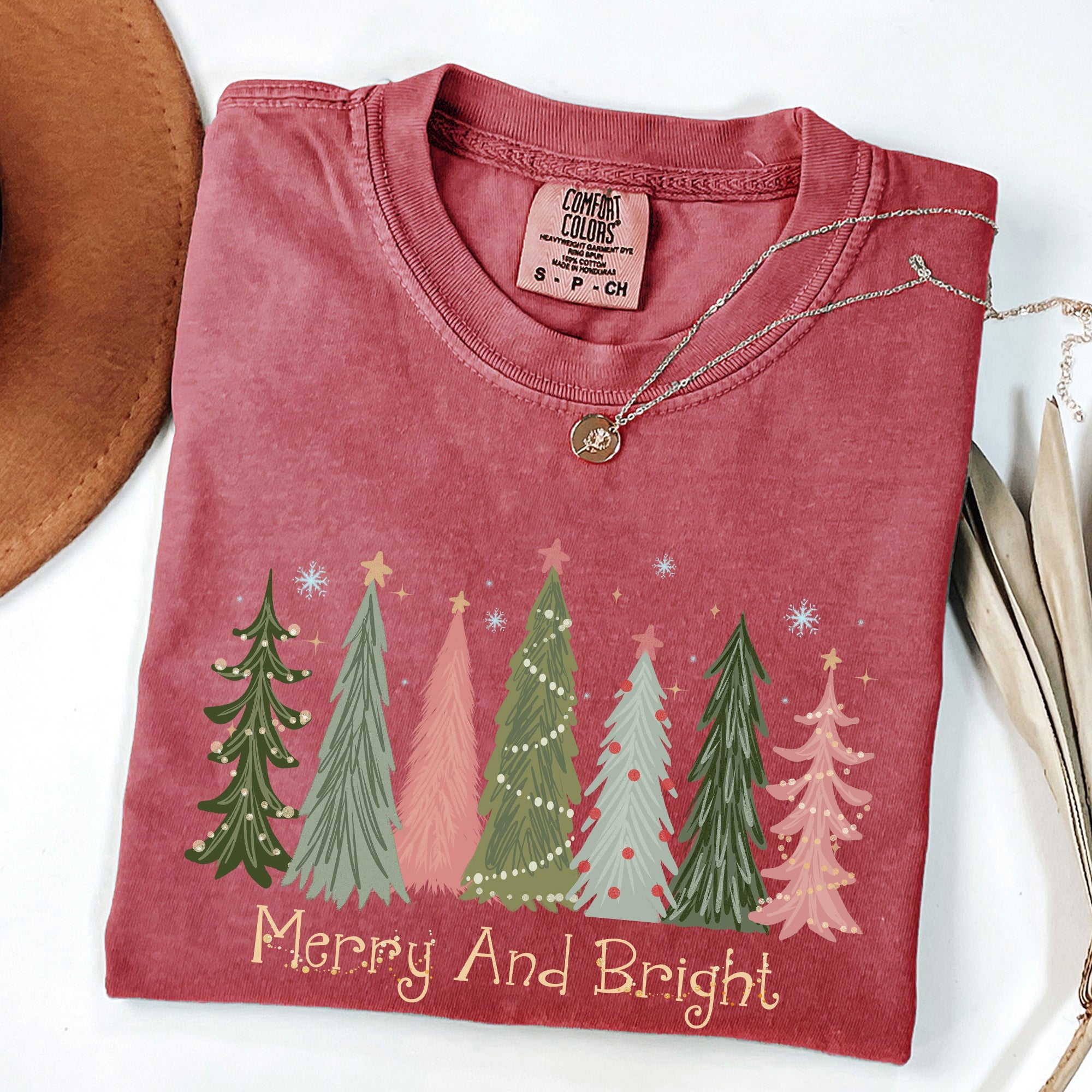Merry and Bright Christmas Trees Winter Snow Xmas Holiday Scene Comfort Colors Tee