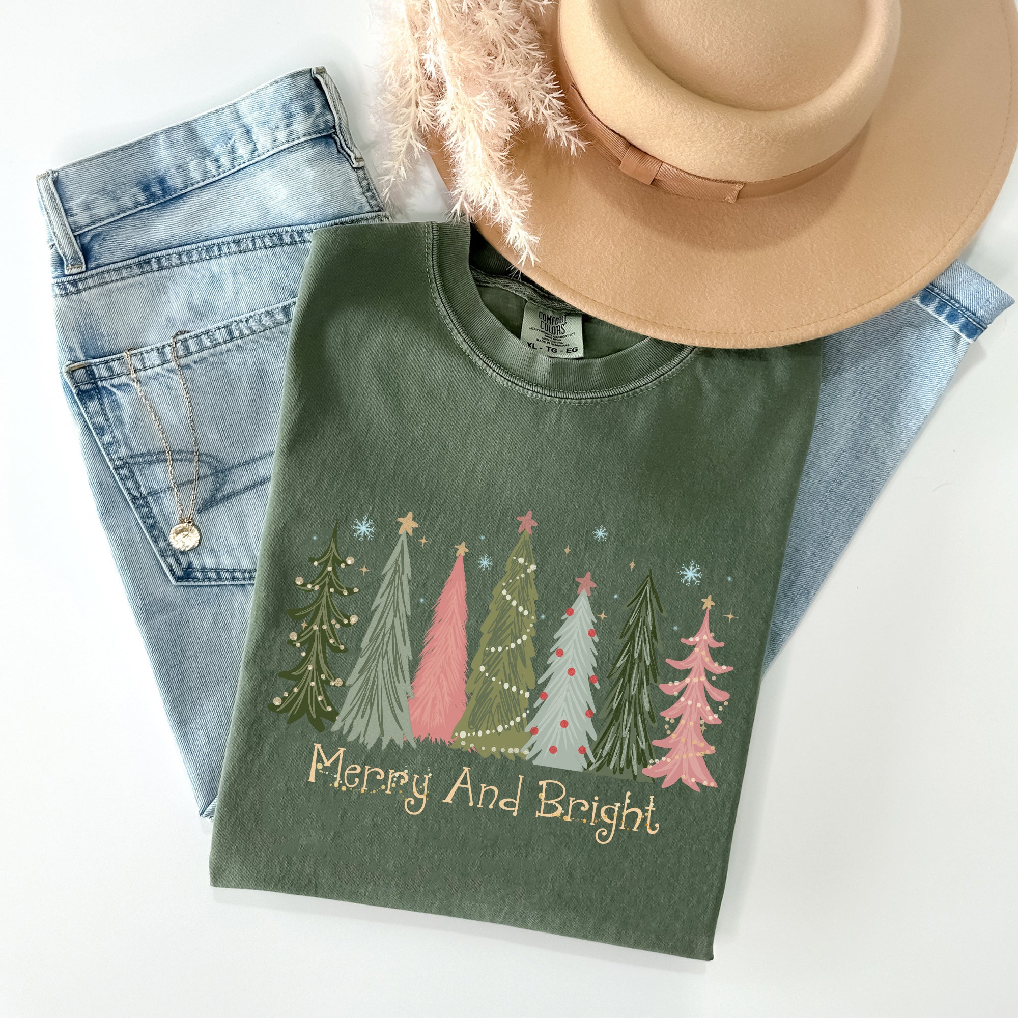 Merry and Bright Christmas Trees Winter Snow Xmas Holiday Scene Comfort Colors Tee