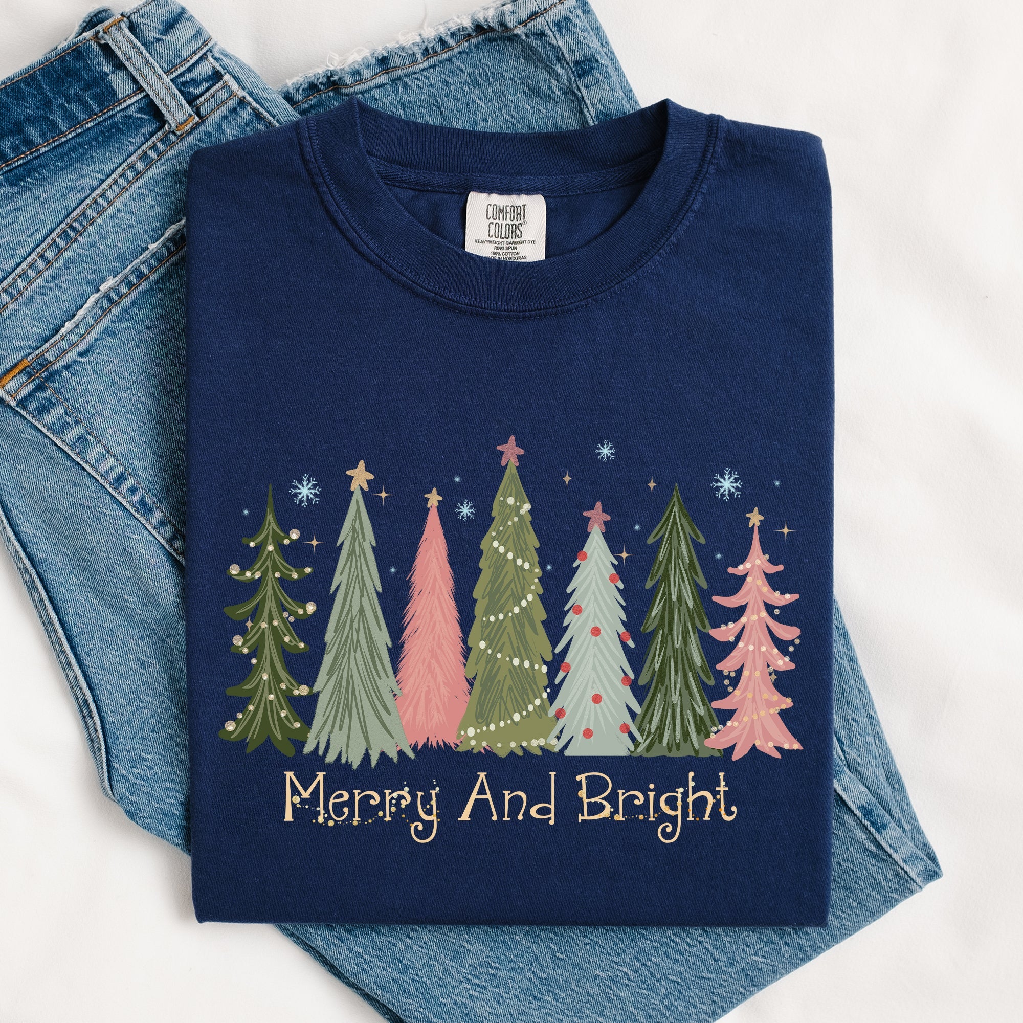 Merry and Bright Christmas Trees Winter Snow Xmas Holiday Scene Comfort Colors Tee