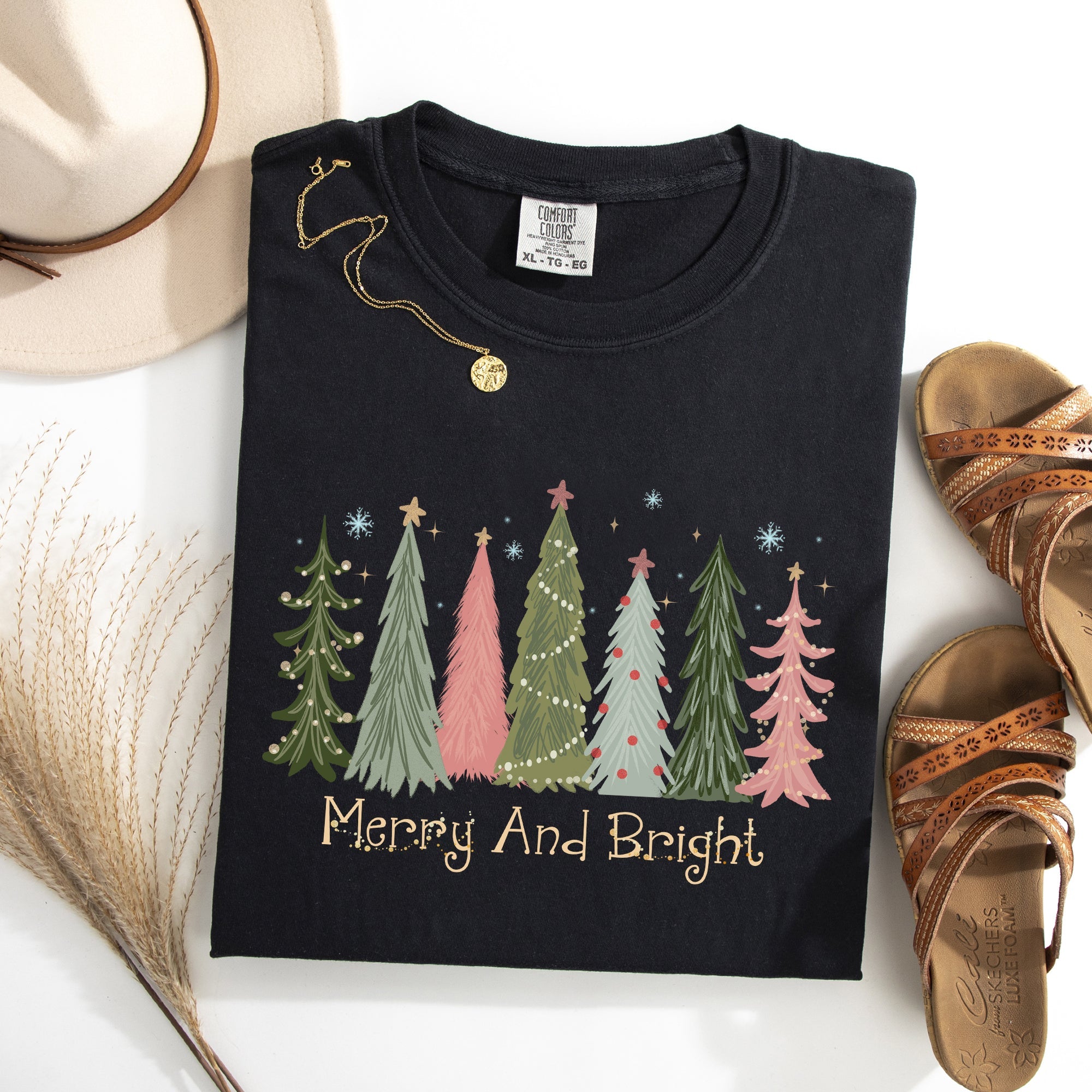 Merry and Bright Christmas Trees Winter Snow Xmas Holiday Scene Comfort Colors Tee