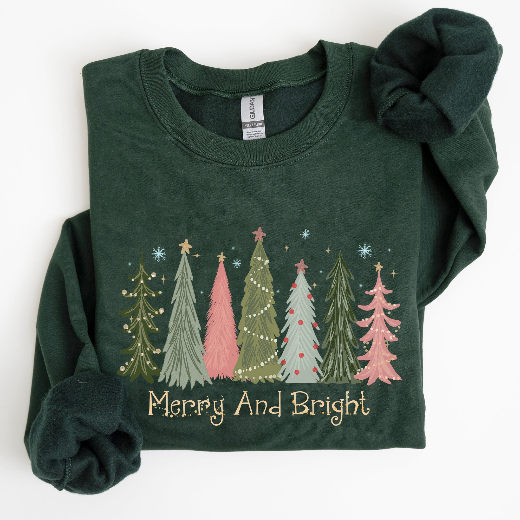 Merry And Bright Christmas Trees Winter Snow Xmas Holiday Lights Festive Scene Sweatshirt
