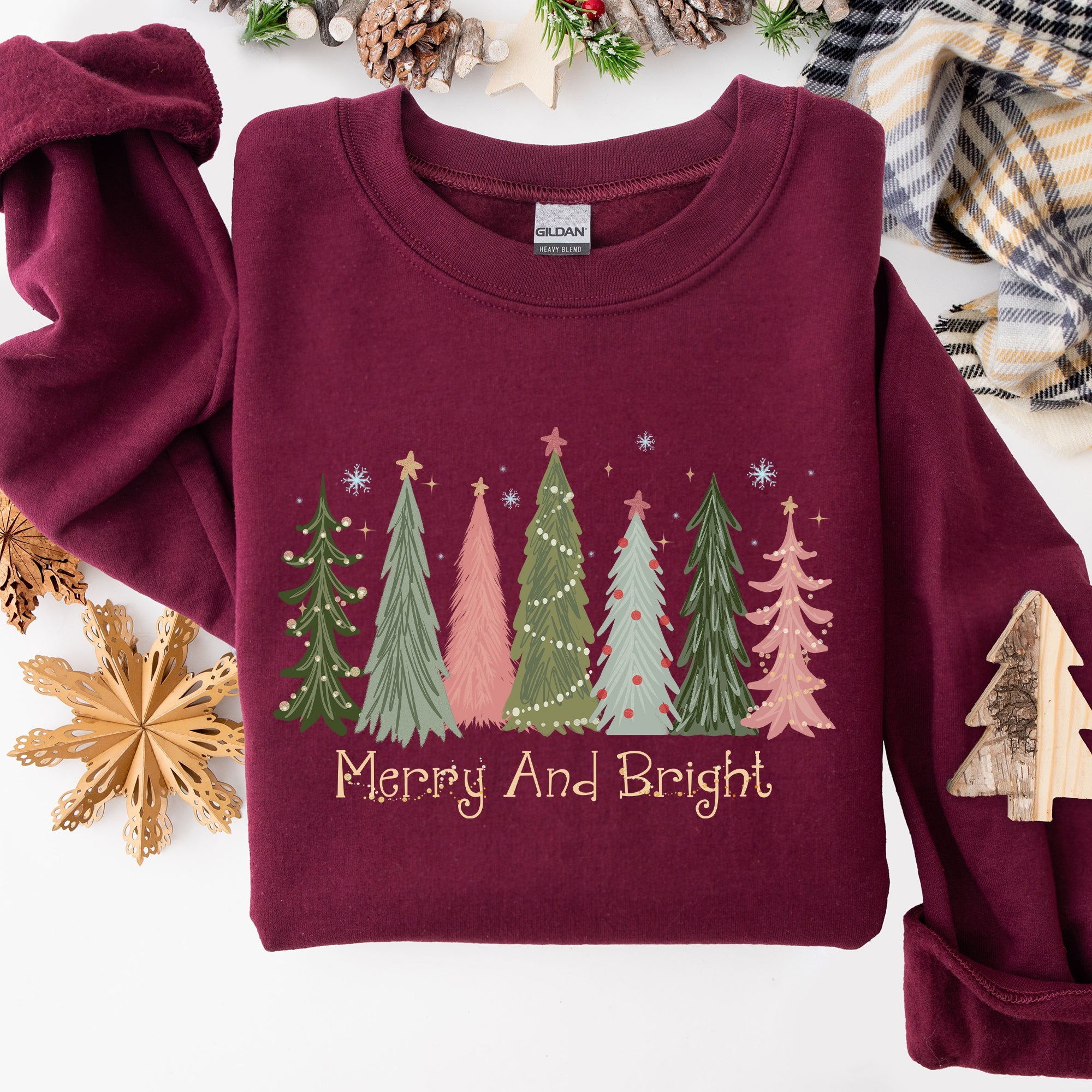 Merry And Bright Christmas Trees Winter Snow Xmas Holiday Lights Festive Scene Sweatshirt