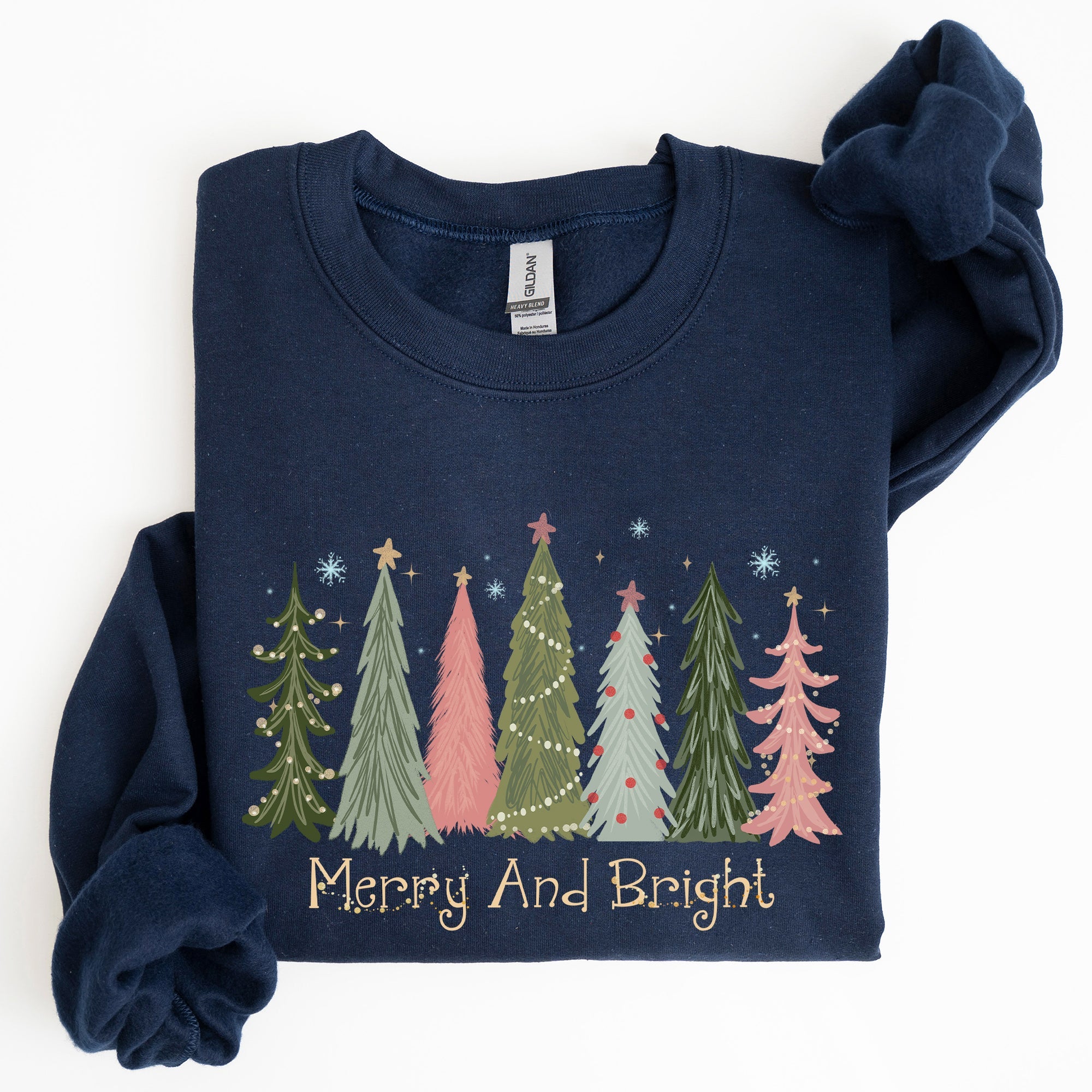 Merry And Bright Christmas Trees Winter Snow Xmas Holiday Lights Festive Scene Sweatshirt