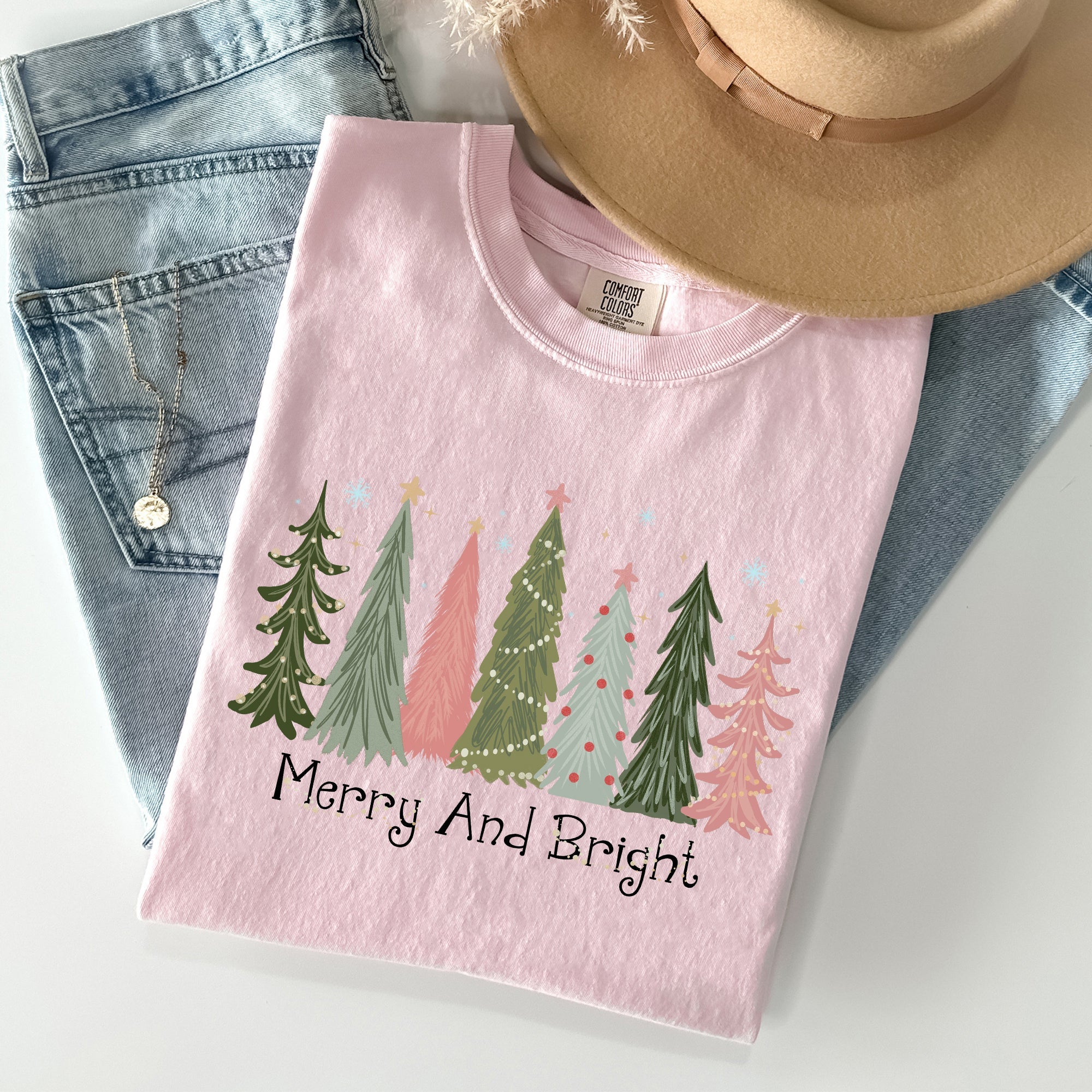 Merry and Bright Christmas Trees Winter Snow Xmas Holiday Scene Comfort Colors Tee