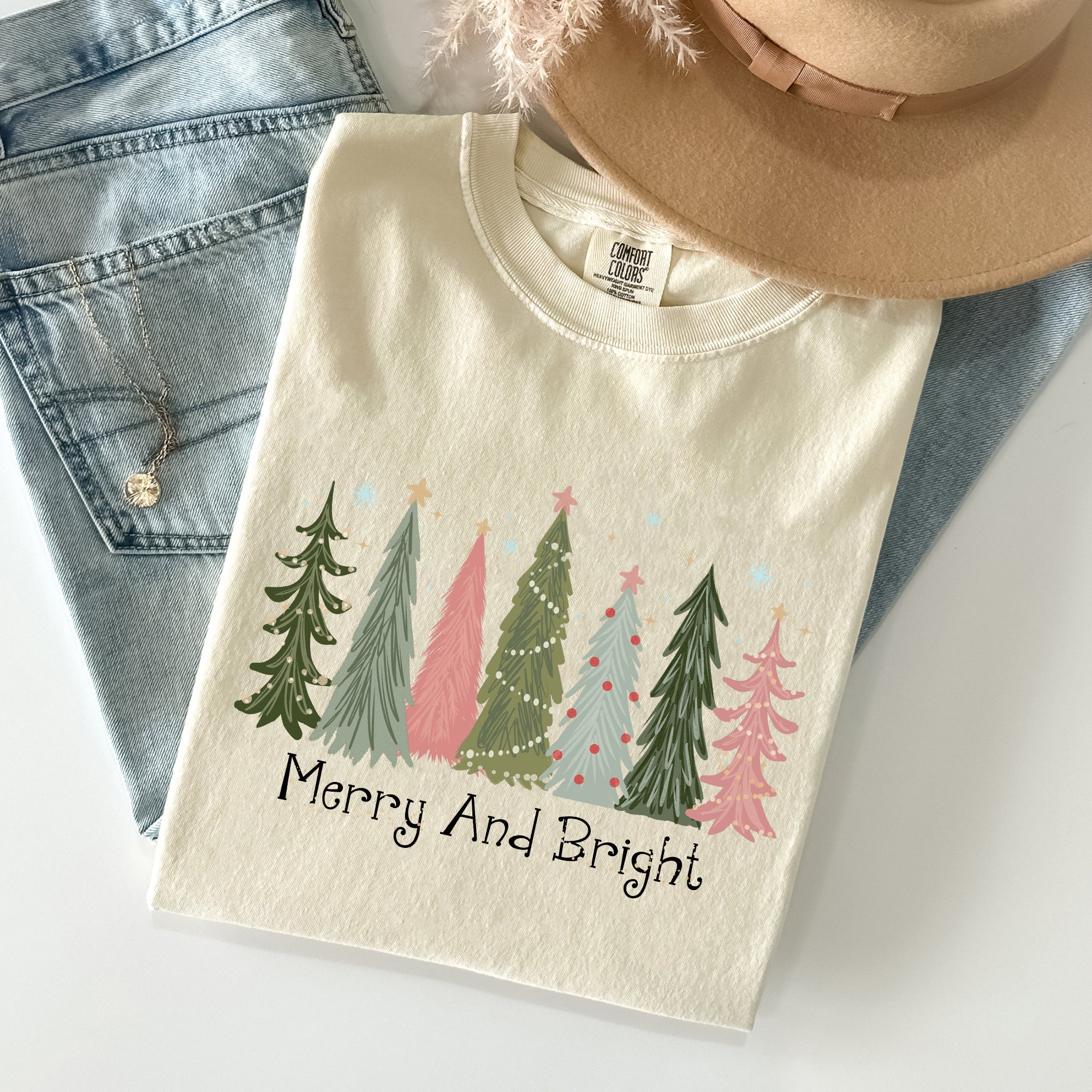 Merry and Bright Christmas Trees Winter Snow Xmas Holiday Scene Comfort Colors Tee
