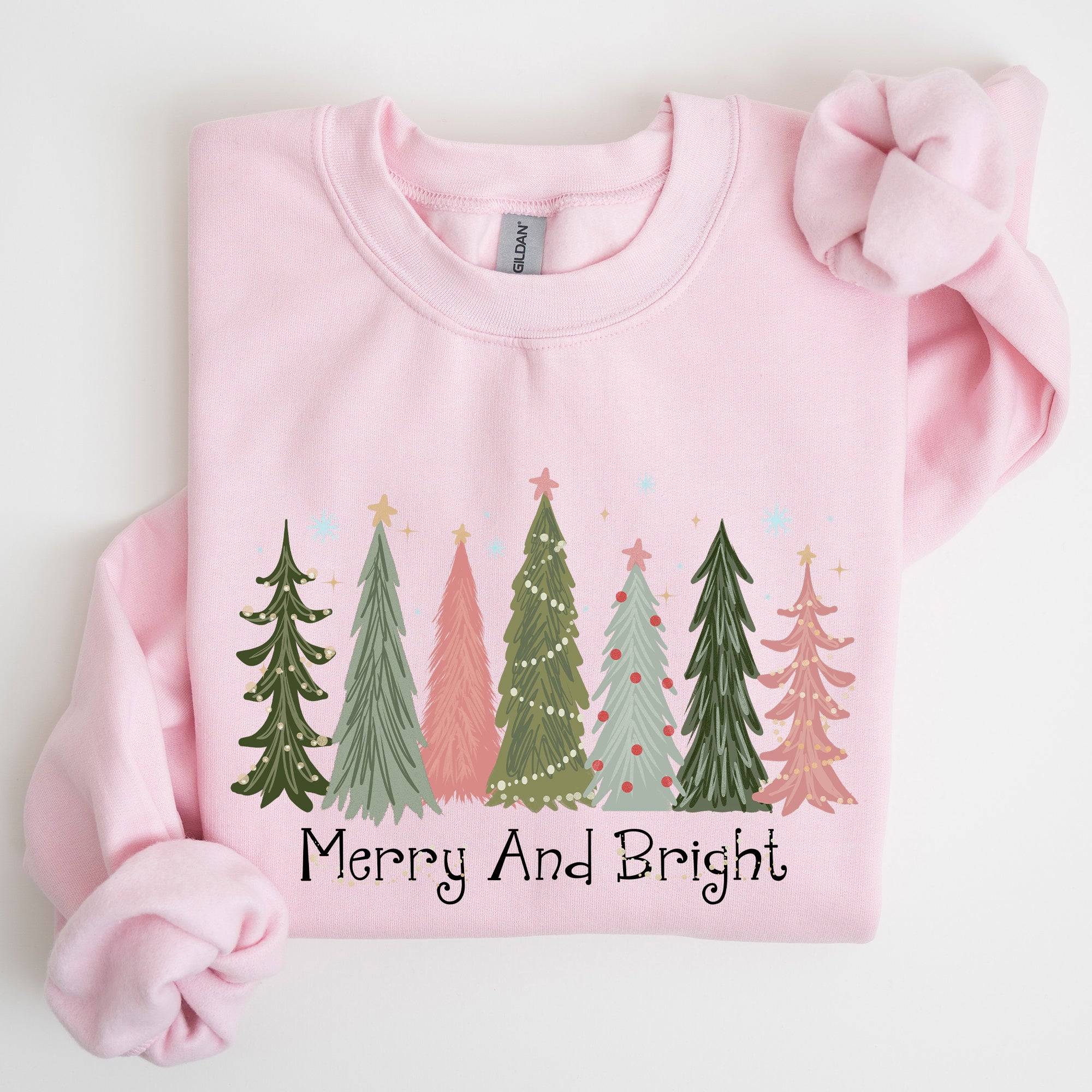 Merry And Bright Christmas Trees Winter Snow Xmas Holiday Lights Festive Scene Sweatshirt