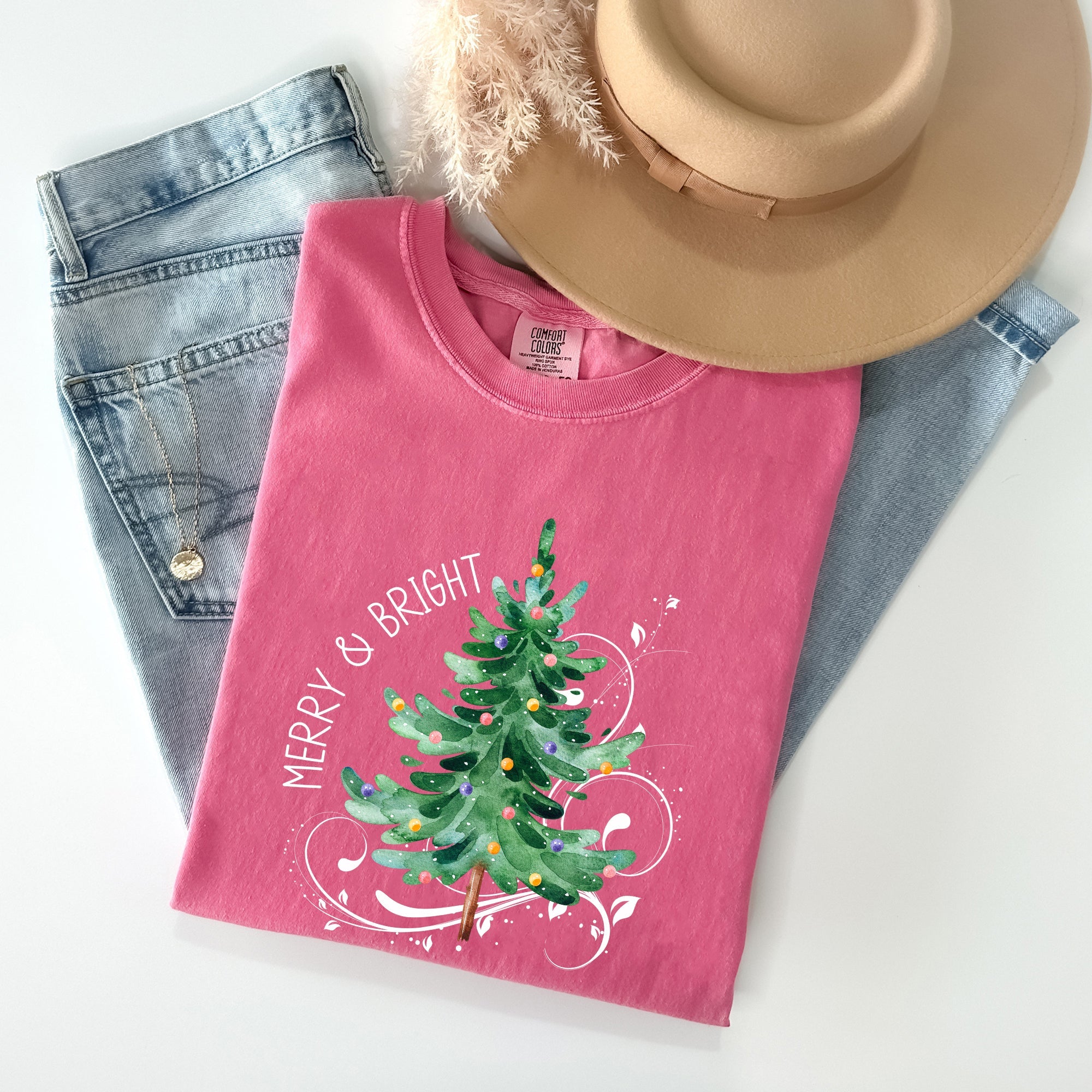 Merry And Bright Christmas Tree With Ornaments And Santa In Winter Comfort Colors Tee