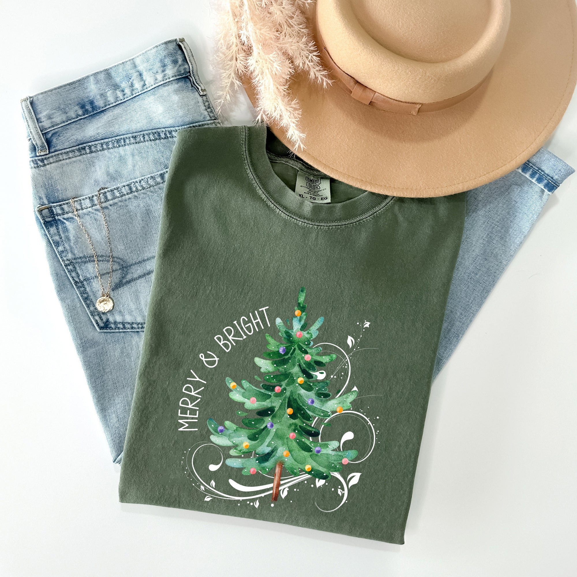 Merry And Bright Christmas Tree With Ornaments And Santa In Winter Comfort Colors Tee