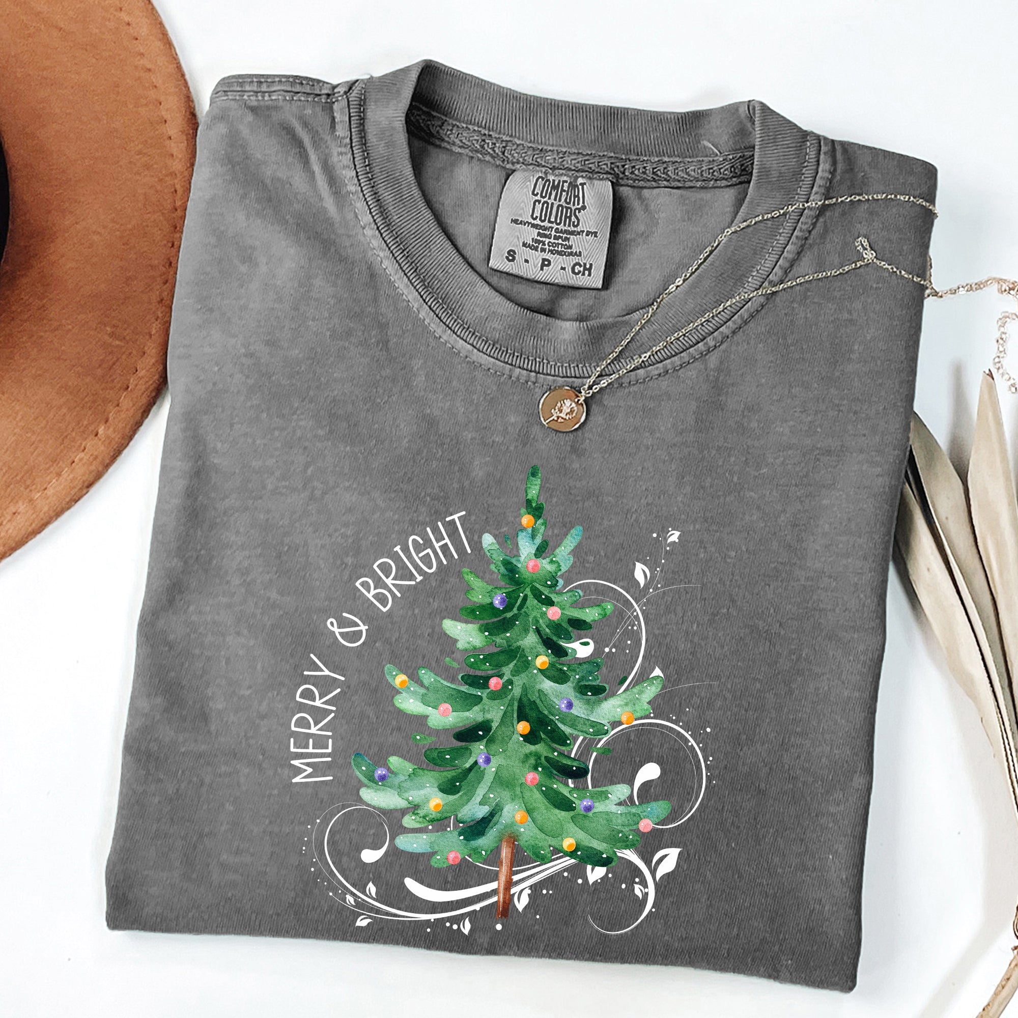 Merry And Bright Christmas Tree With Ornaments And Santa In Winter Comfort Colors Tee