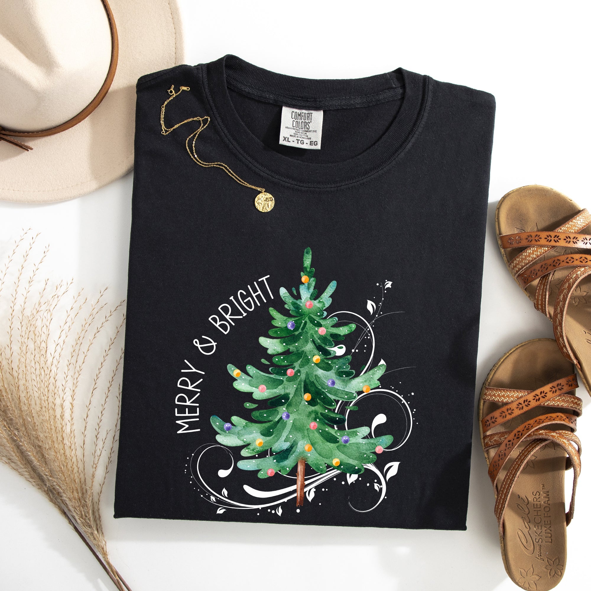 Merry And Bright Christmas Tree With Ornaments And Santa In Winter Comfort Colors Tee