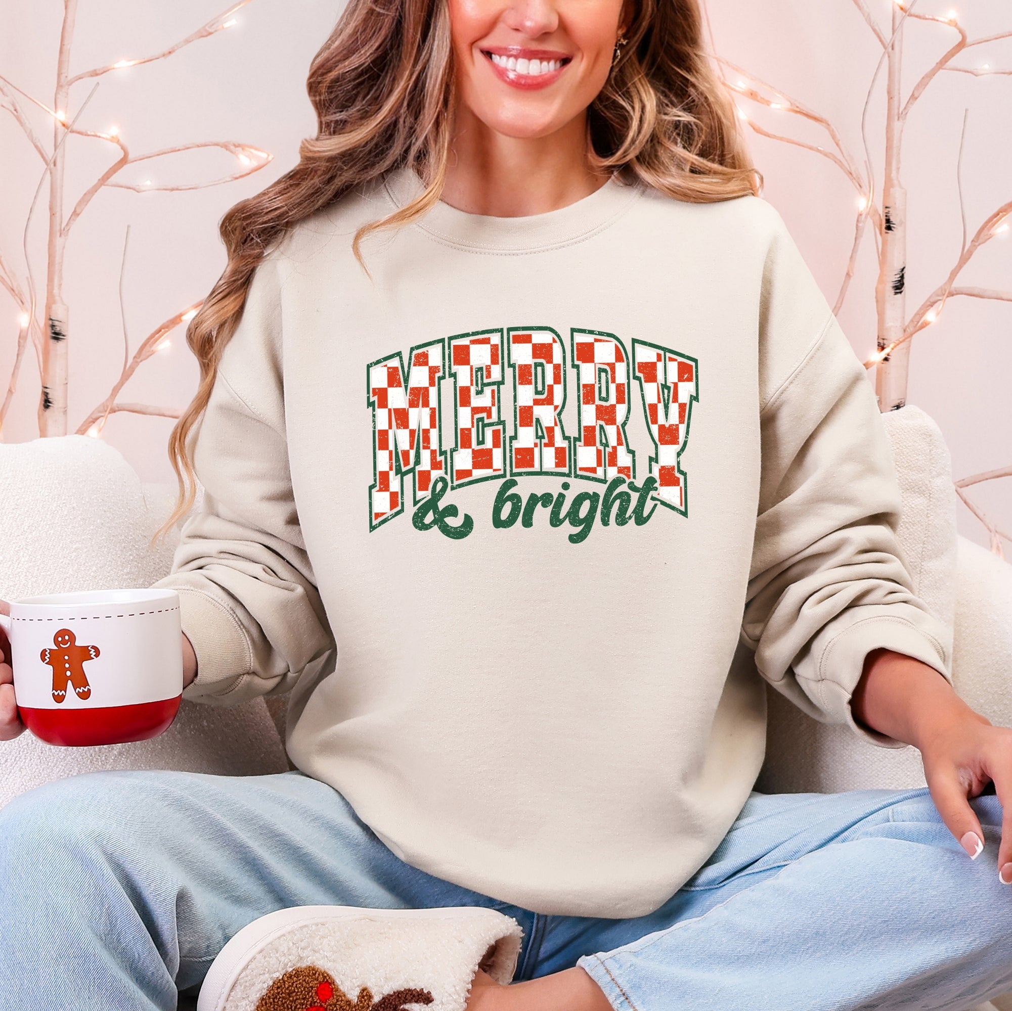Merry And Bright Christmas Checkered Retro Festive Cozy Vintage Inspired Seasonal Holiday Cheer Sweatshirt