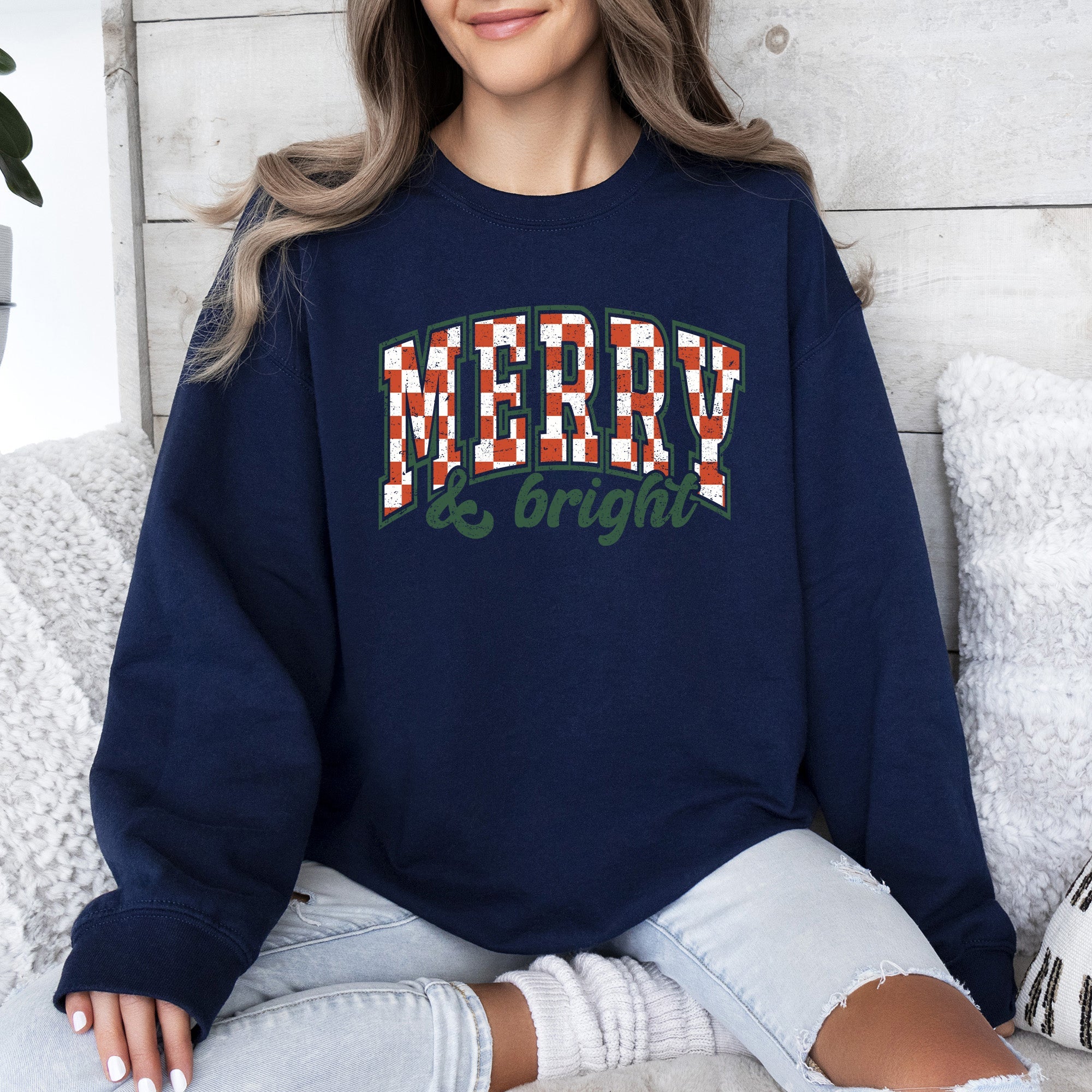 Merry And Bright Christmas Checkered Retro Festive Cozy Vintage Inspired Seasonal Holiday Cheer Sweatshirt