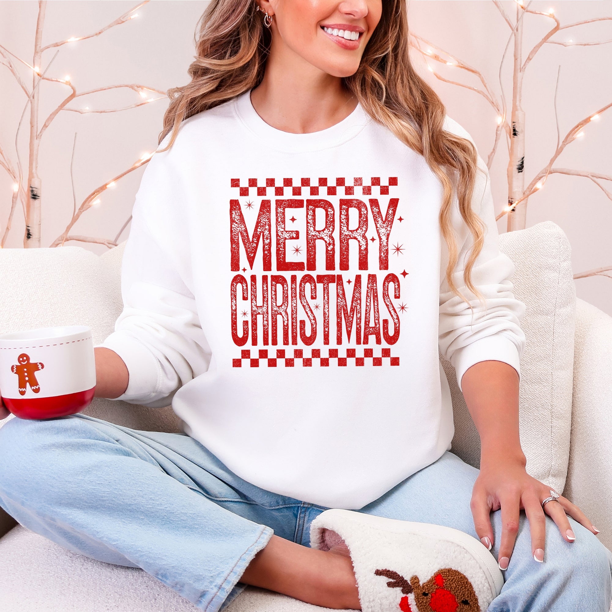 Merry Christmas, Checkered, Retro, Vintage Graphic Sweatshirt With Plush Fleece Interior