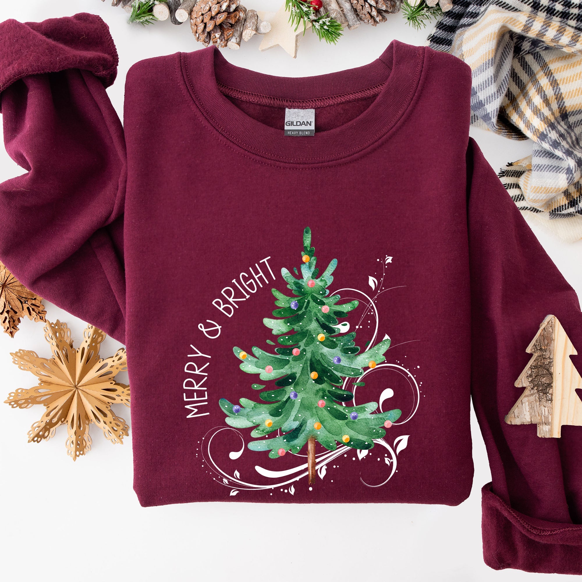 Merry And Bright Colorful Christmas Tree Swirls Santa Holiday Winter Xmas Sweatshirt