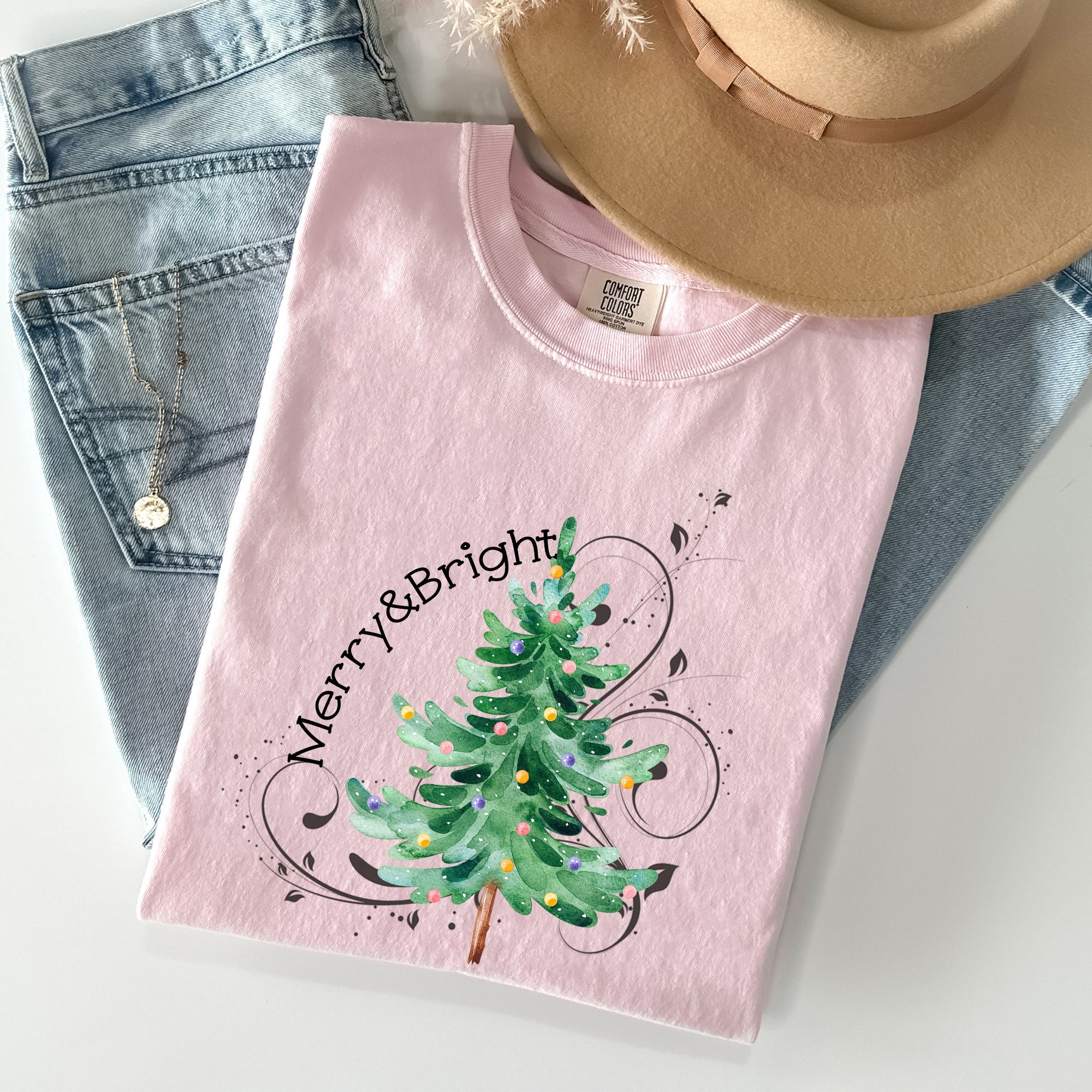 Merry And Bright Colorful Christmas Tree Swirls Santa Xmas Holiday Cheer Comfort Colors Tee