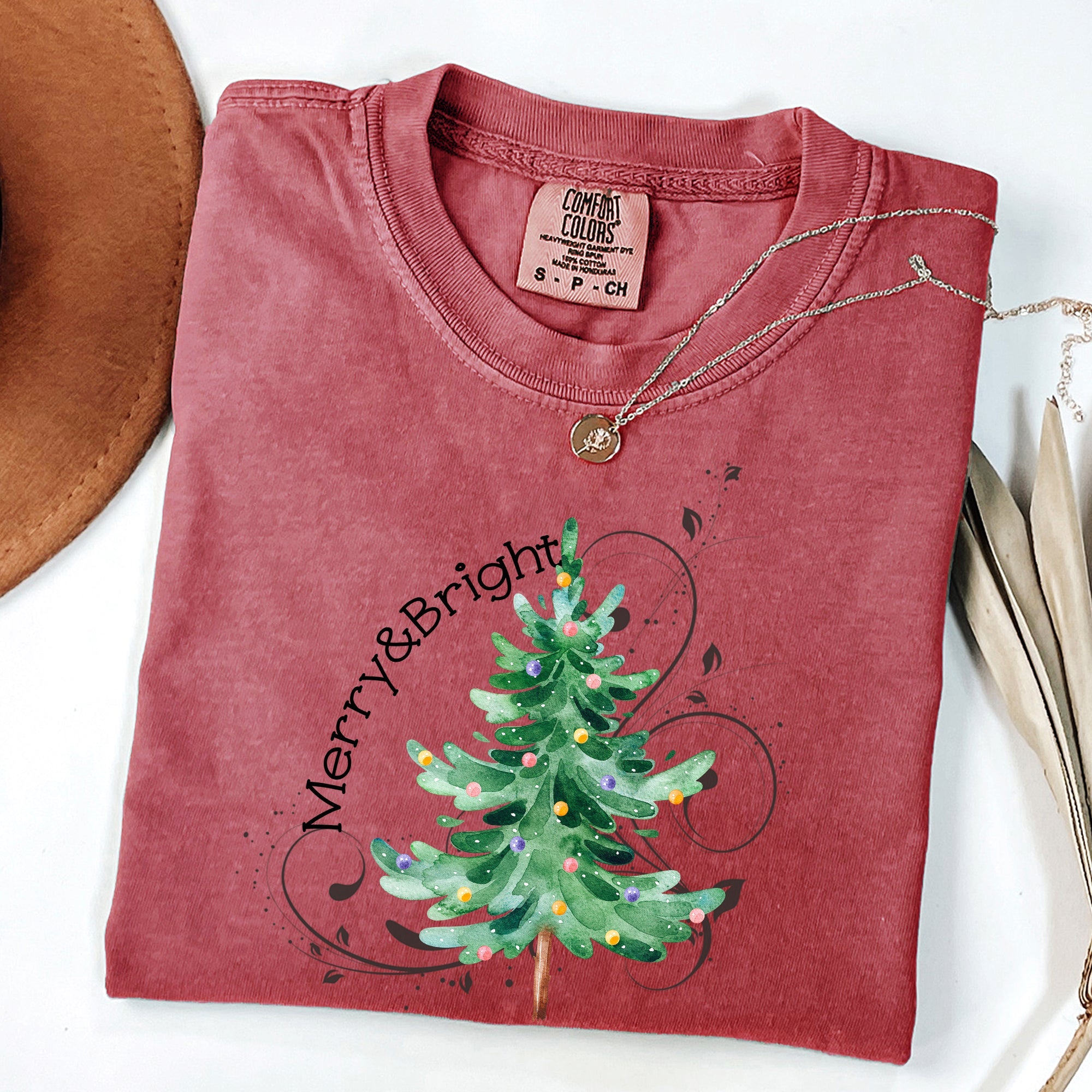 Merry And Bright Colorful Christmas Tree Swirls Santa Xmas Holiday Cheer Comfort Colors Tee
