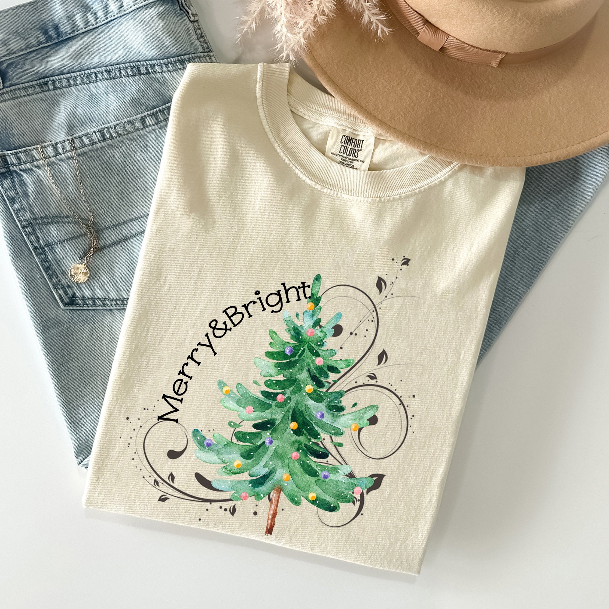 Merry And Bright Colorful Christmas Tree Swirls Santa Xmas Holiday Cheer Comfort Colors Tee