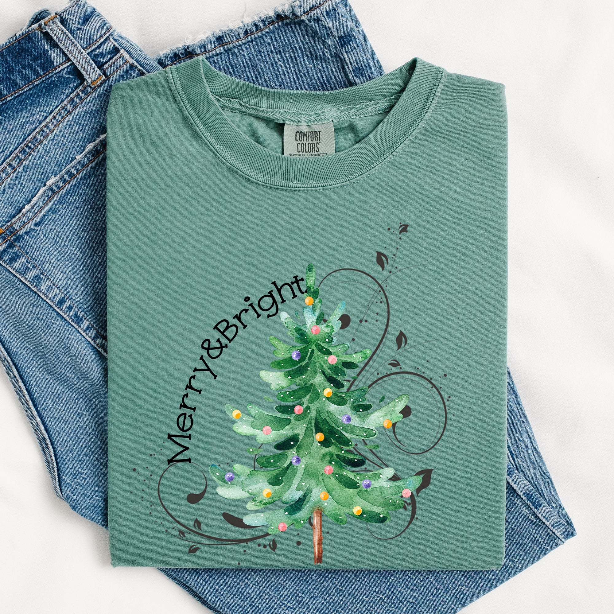 Merry And Bright Colorful Christmas Tree Swirls Santa Xmas Holiday Cheer Comfort Colors Tee