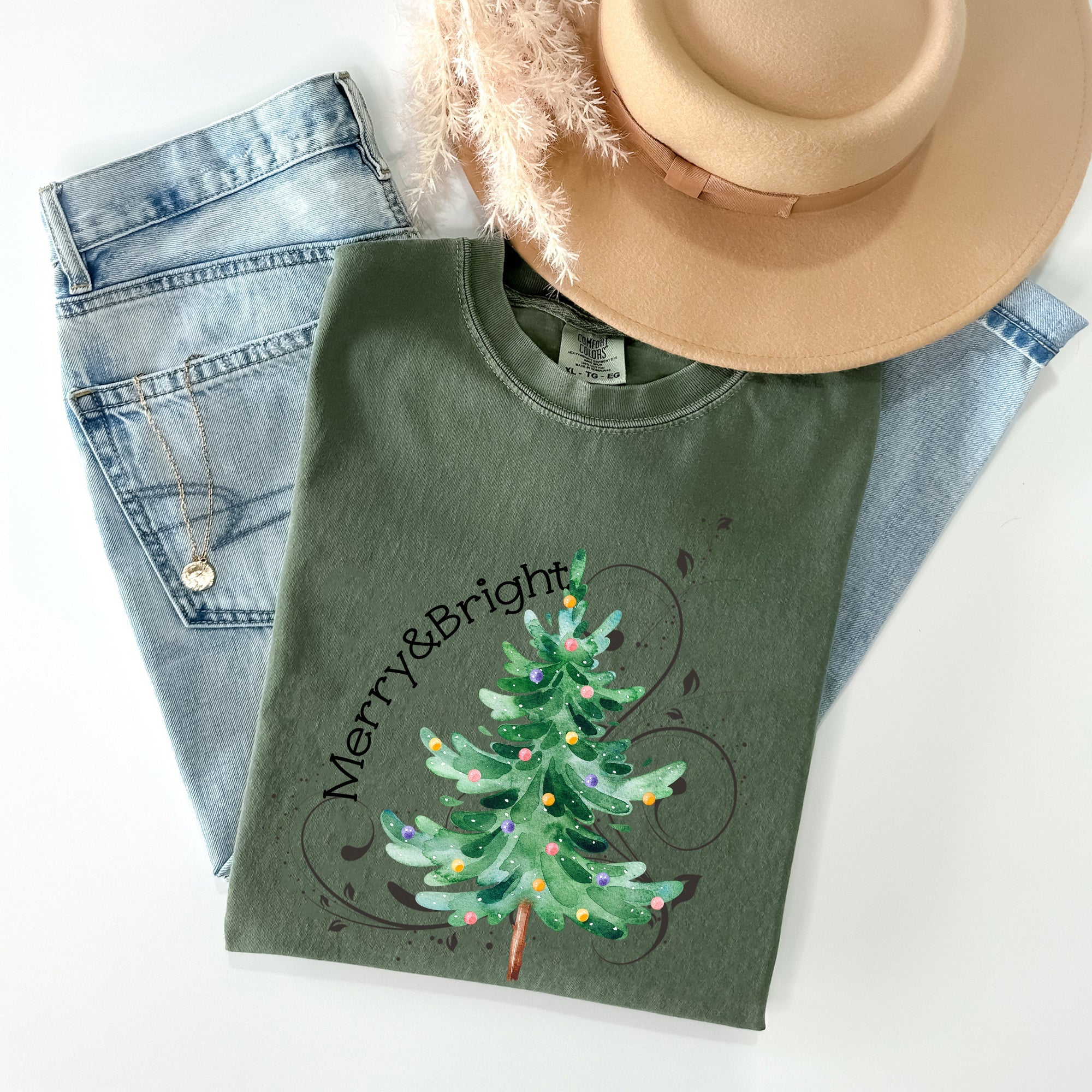 Merry And Bright Colorful Christmas Tree Swirls Santa Xmas Holiday Cheer Comfort Colors Tee