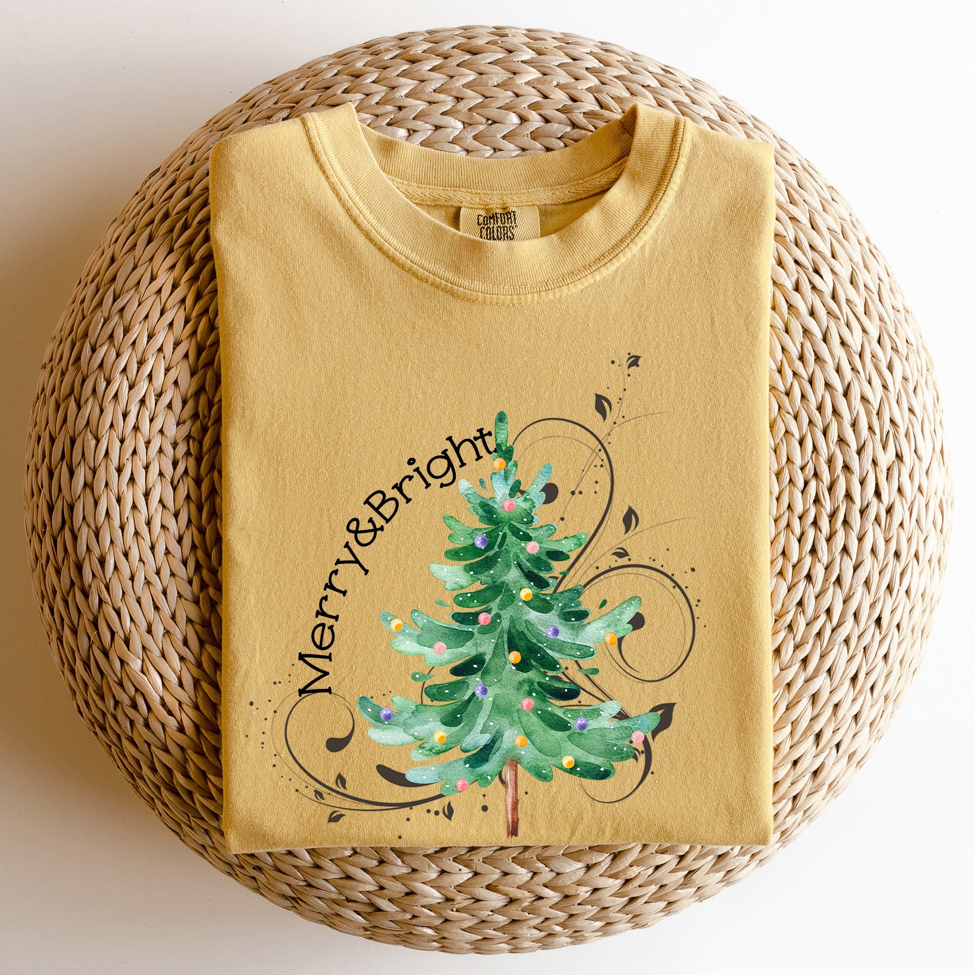 Merry And Bright Colorful Christmas Tree Swirls Santa Xmas Holiday Cheer Comfort Colors Tee