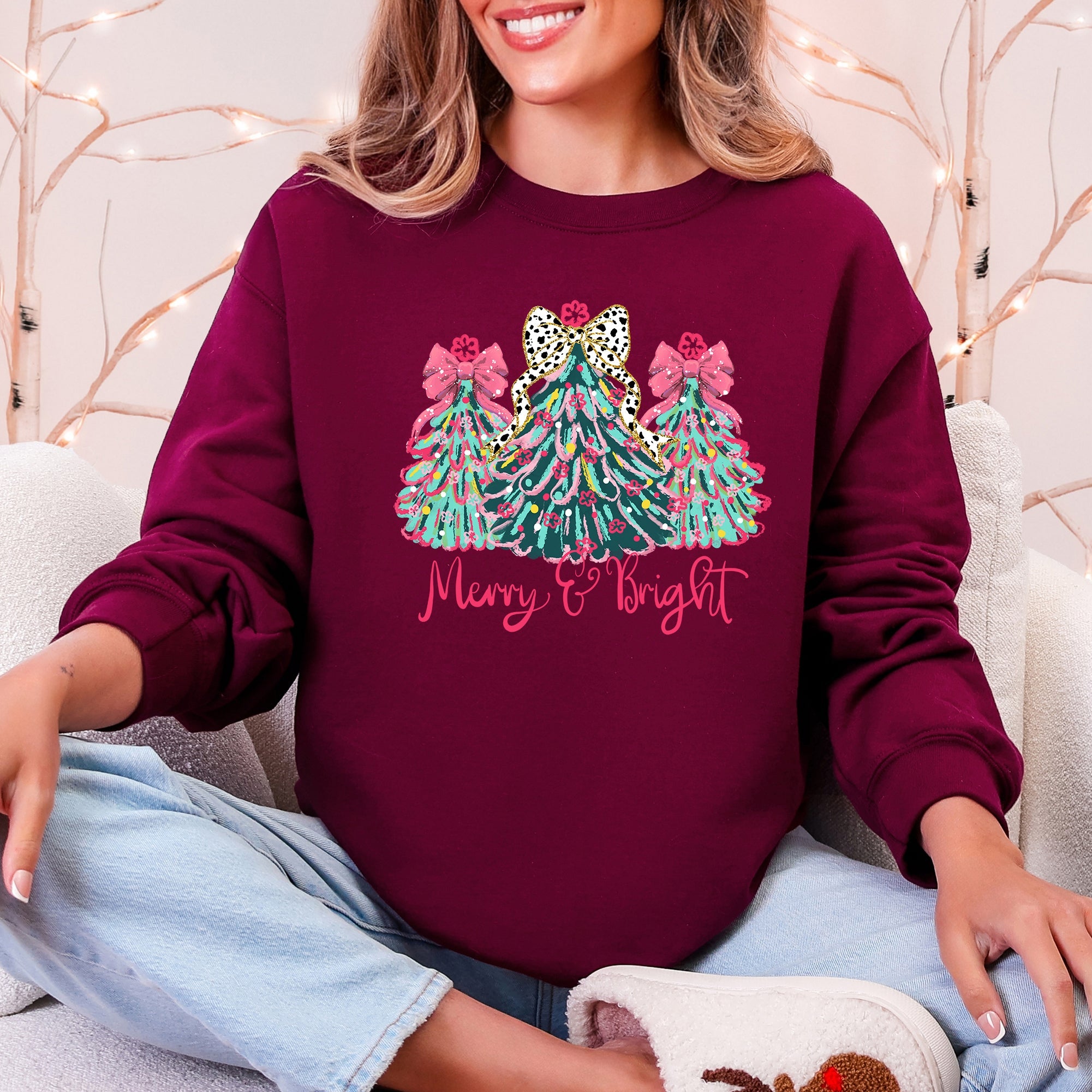 Merry And Bright Pastel Christmas Trees Bows Ribbons Santa Playful Holiday Graphics Sweatshirt