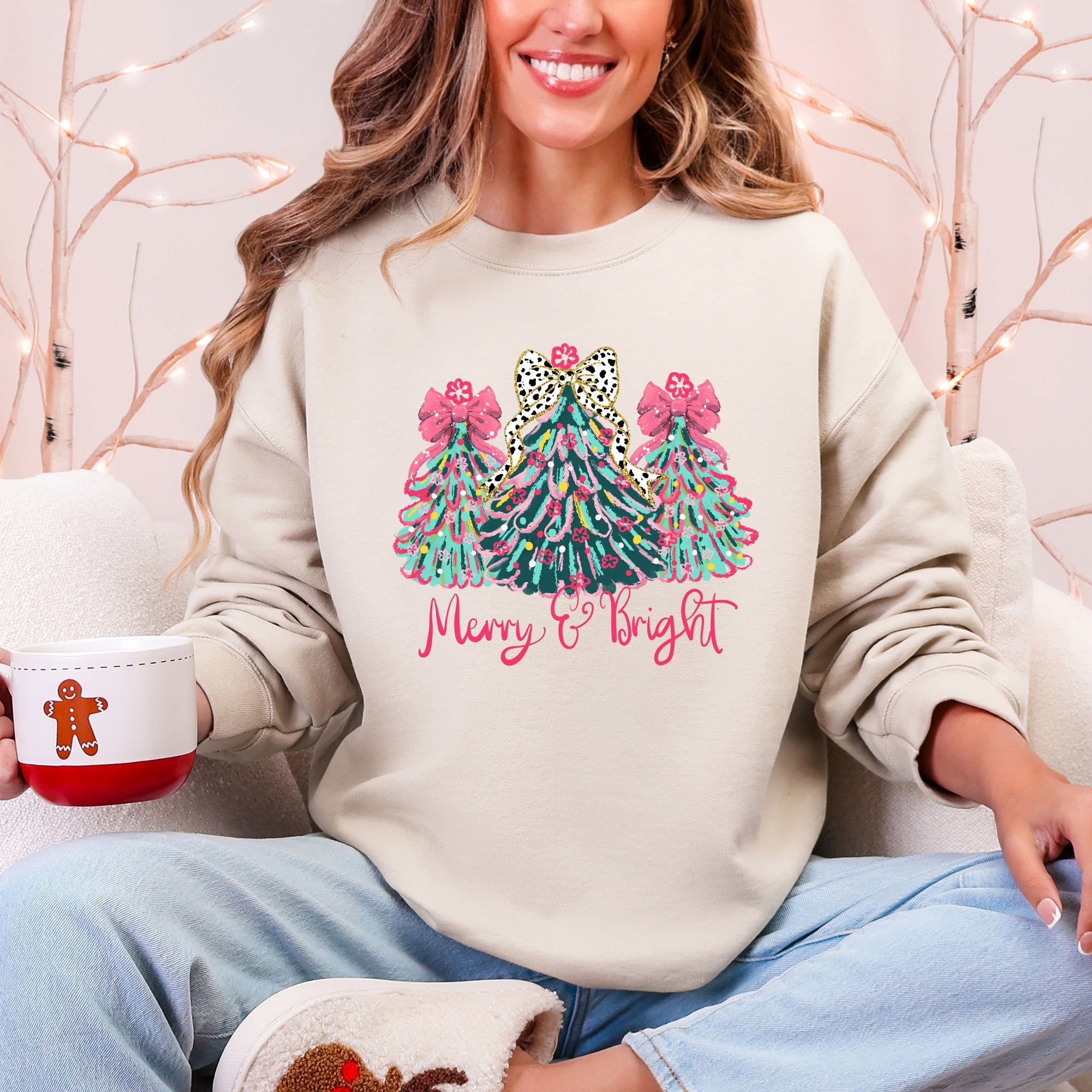 Merry And Bright Pastel Christmas Trees Bows Ribbons Santa Playful Holiday Graphics Sweatshirt