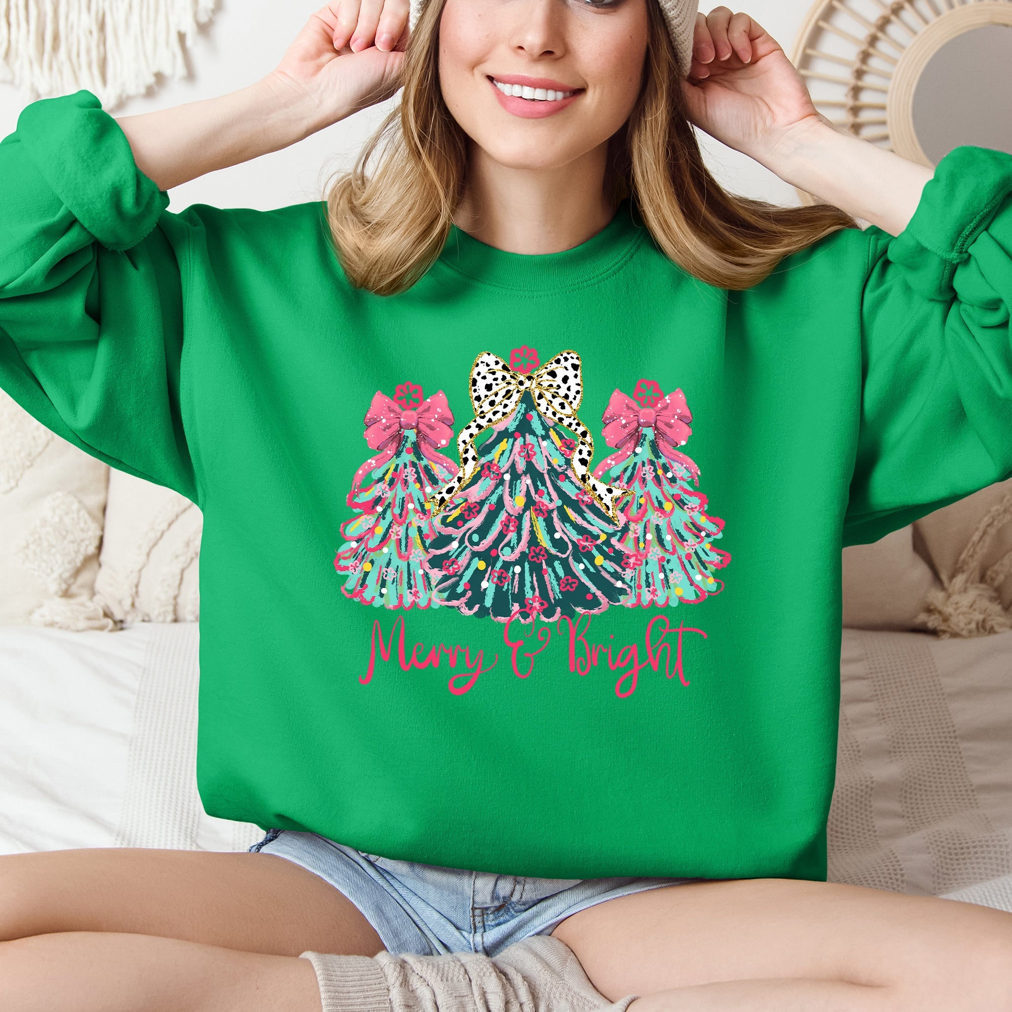 Merry And Bright Pastel Christmas Trees Bows Ribbons Santa Playful Holiday Graphics Sweatshirt
