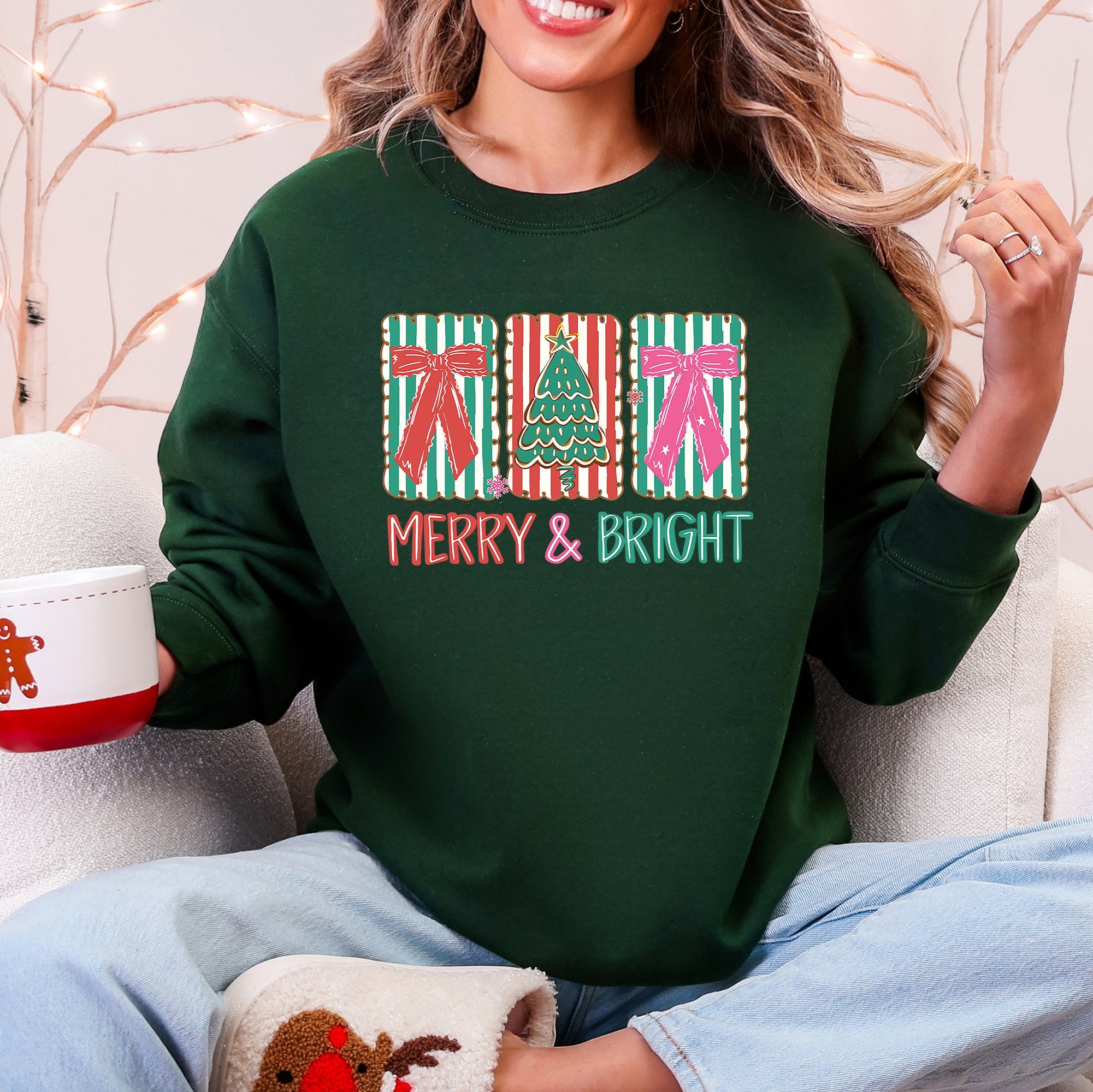Merry And Bright Pattern Blocks Christmas Tree Ribbon Bows Santa Holiday Sweatshirt