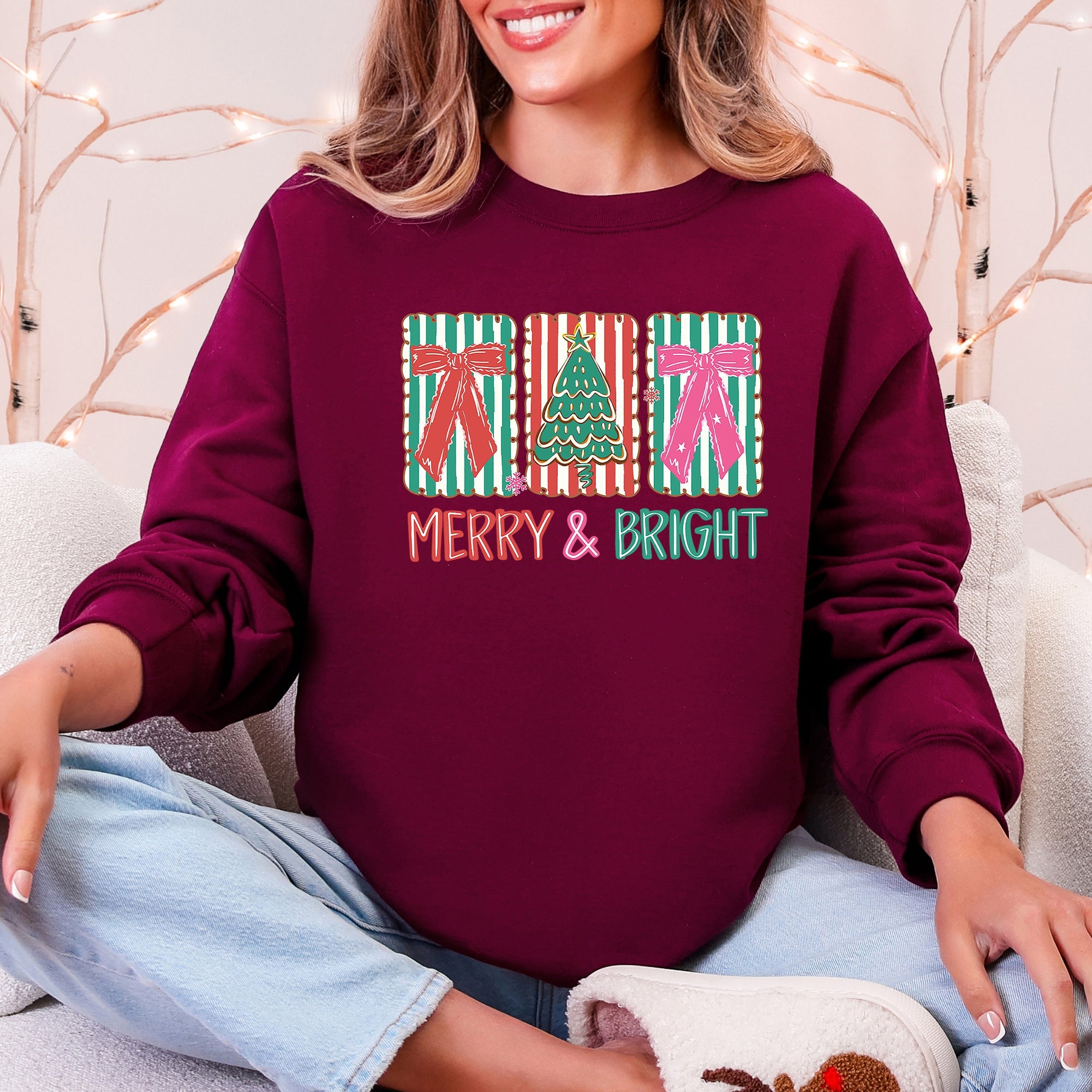 Merry And Bright Pattern Blocks Christmas Tree Ribbon Bows Santa Holiday Sweatshirt
