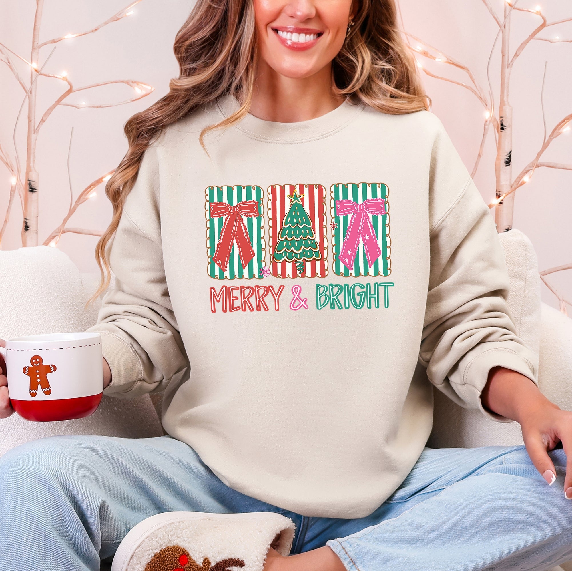 Merry And Bright Pattern Blocks Christmas Tree Ribbon Bows Santa Holiday Sweatshirt