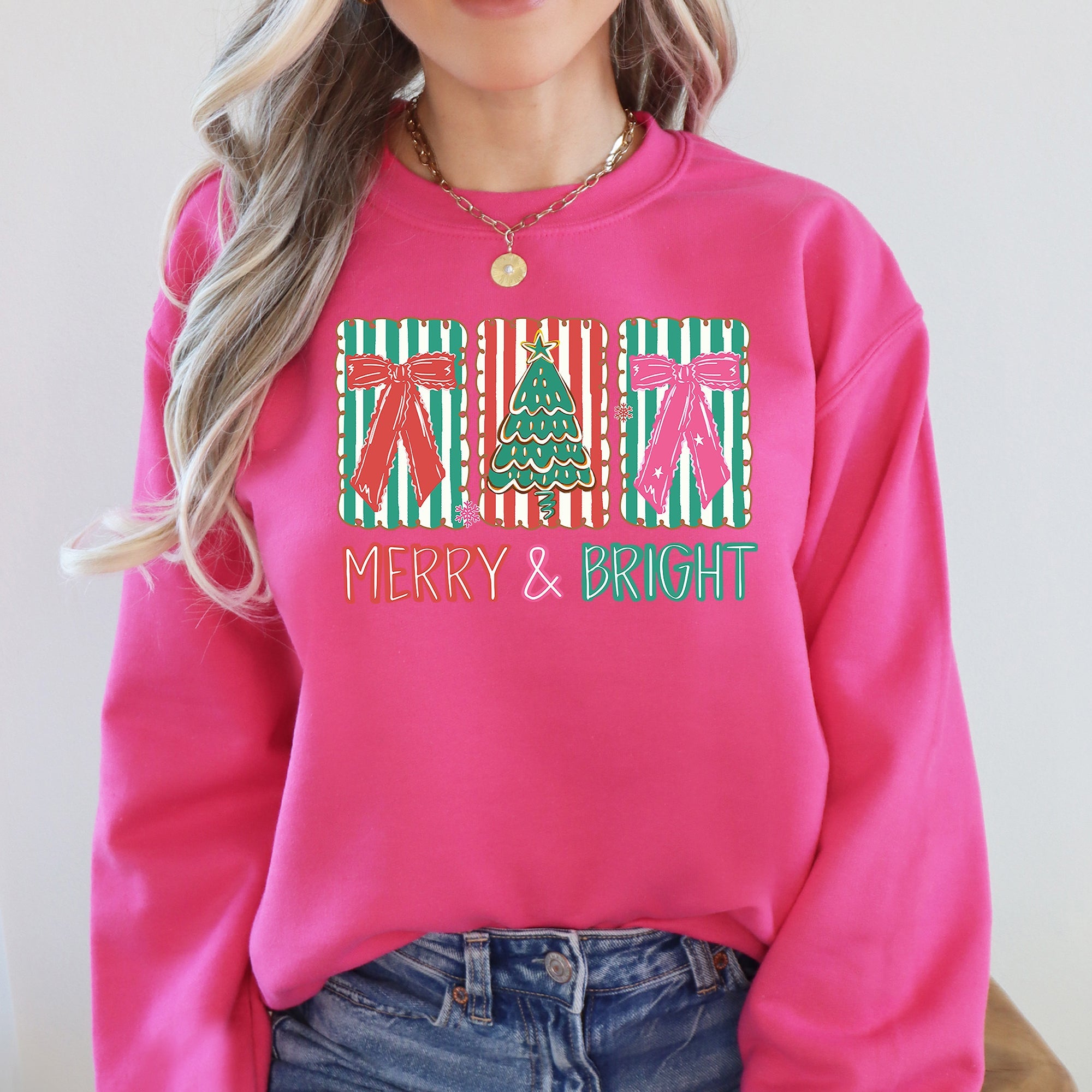 Merry And Bright Pattern Blocks Christmas Tree Ribbon Bows Santa Holiday Sweatshirt