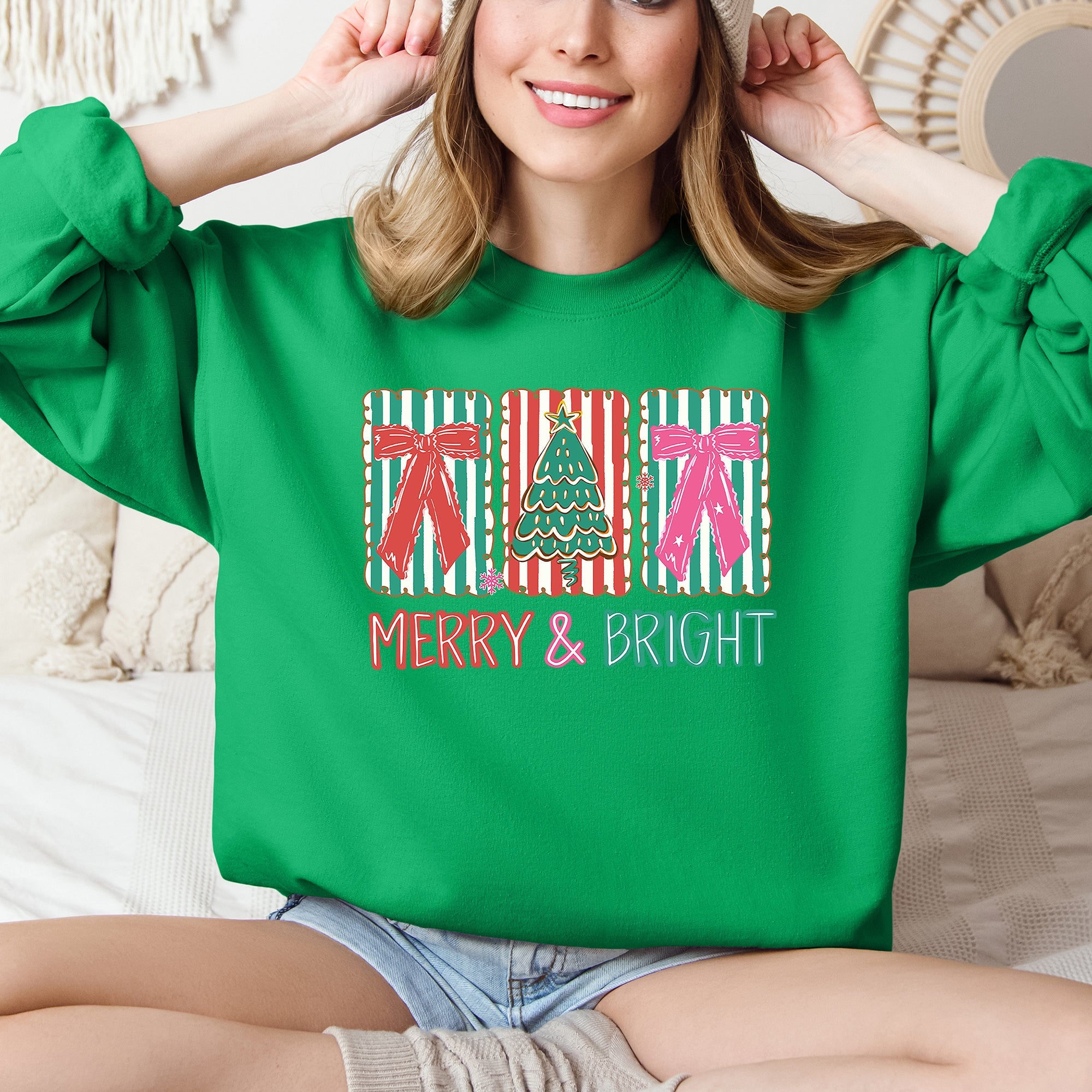 Merry And Bright Pattern Blocks Christmas Tree Ribbon Bows Santa Holiday Sweatshirt