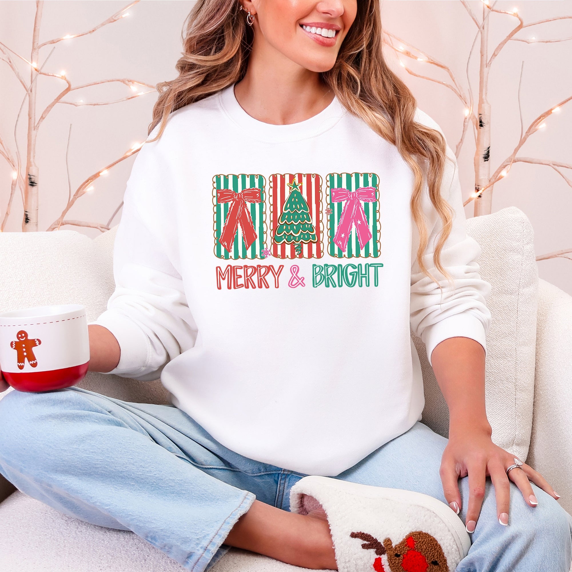 Merry And Bright Pattern Blocks Christmas Tree Ribbon Bows Santa Holiday Sweatshirt