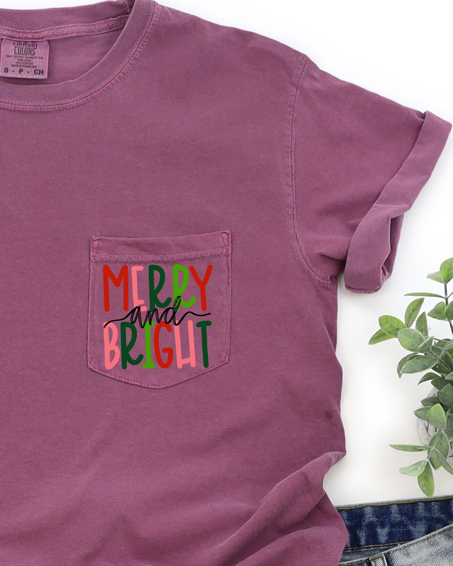 Merry And Bright Christmas Santa Snow Xmas Pocket Colorful Winter Scene Comfort Colors Tee