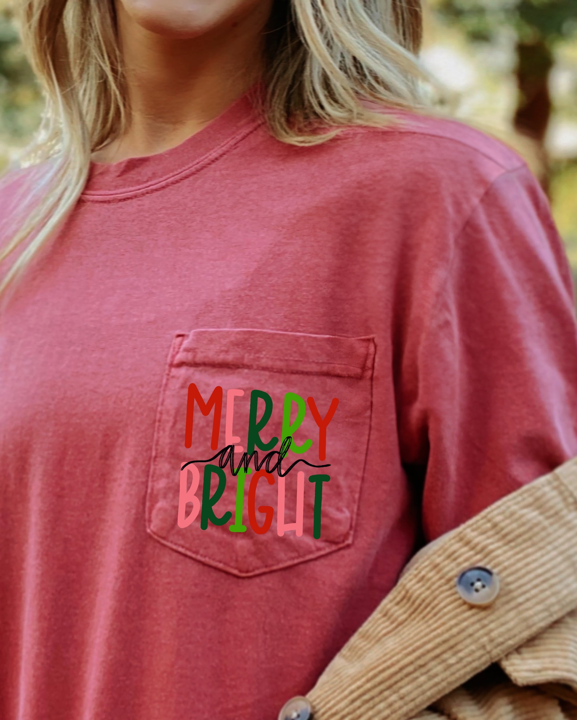 Merry And Bright Christmas Santa Snow Xmas Pocket Colorful Winter Scene Comfort Colors Tee