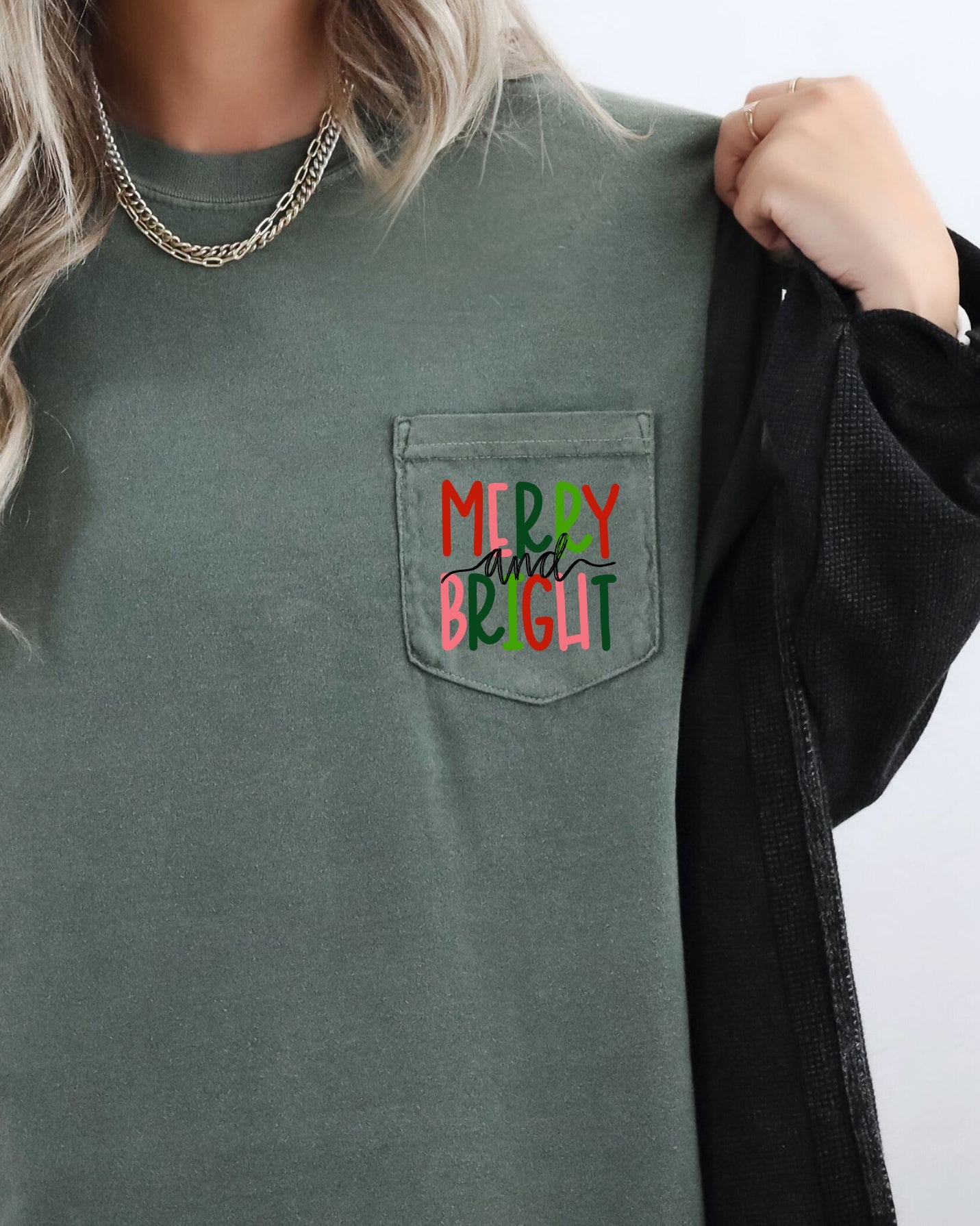 Merry And Bright Christmas Santa Snow Xmas Pocket Colorful Winter Scene Comfort Colors Tee