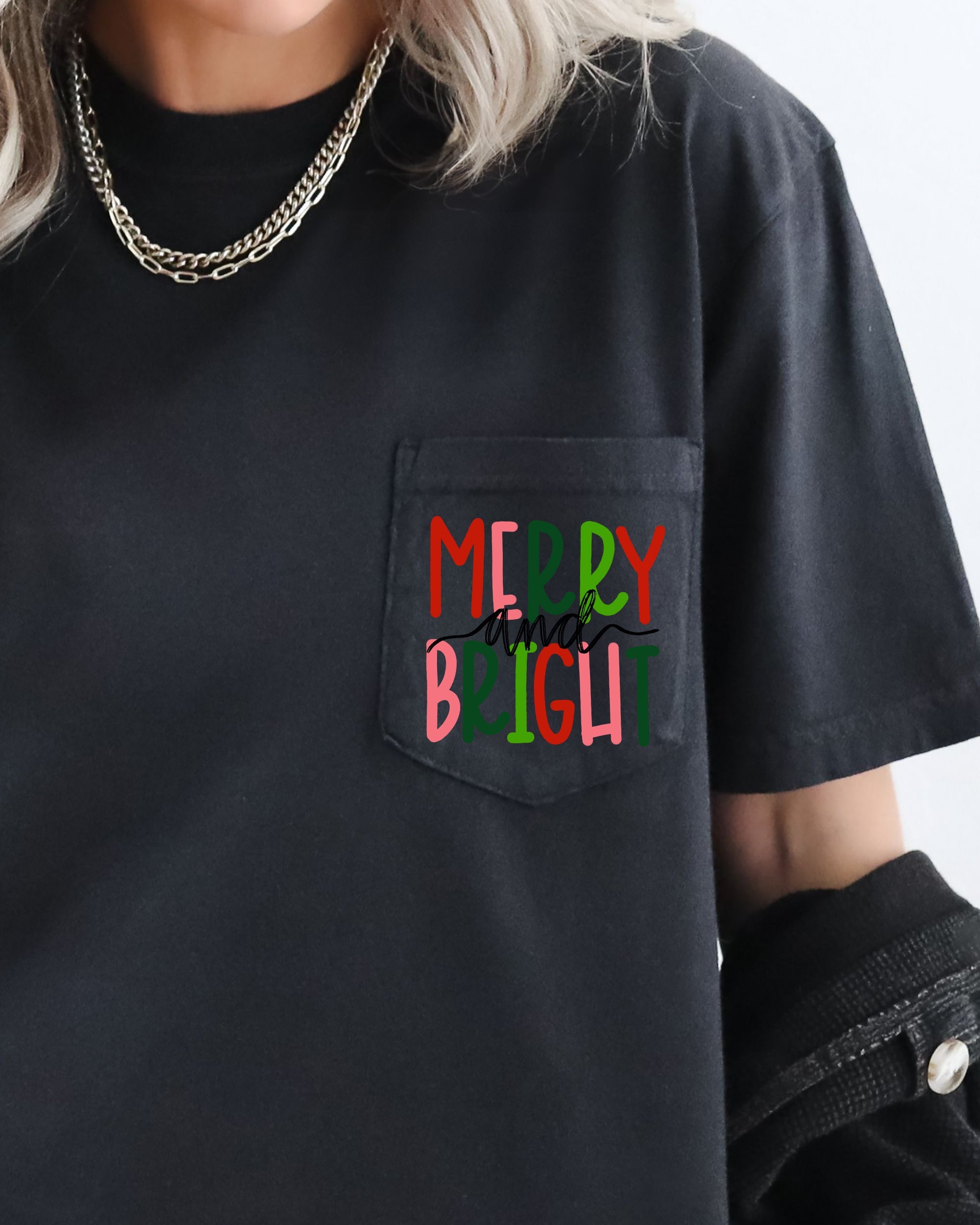 Merry And Bright Christmas Santa Snow Xmas Pocket Colorful Winter Scene Comfort Colors Tee