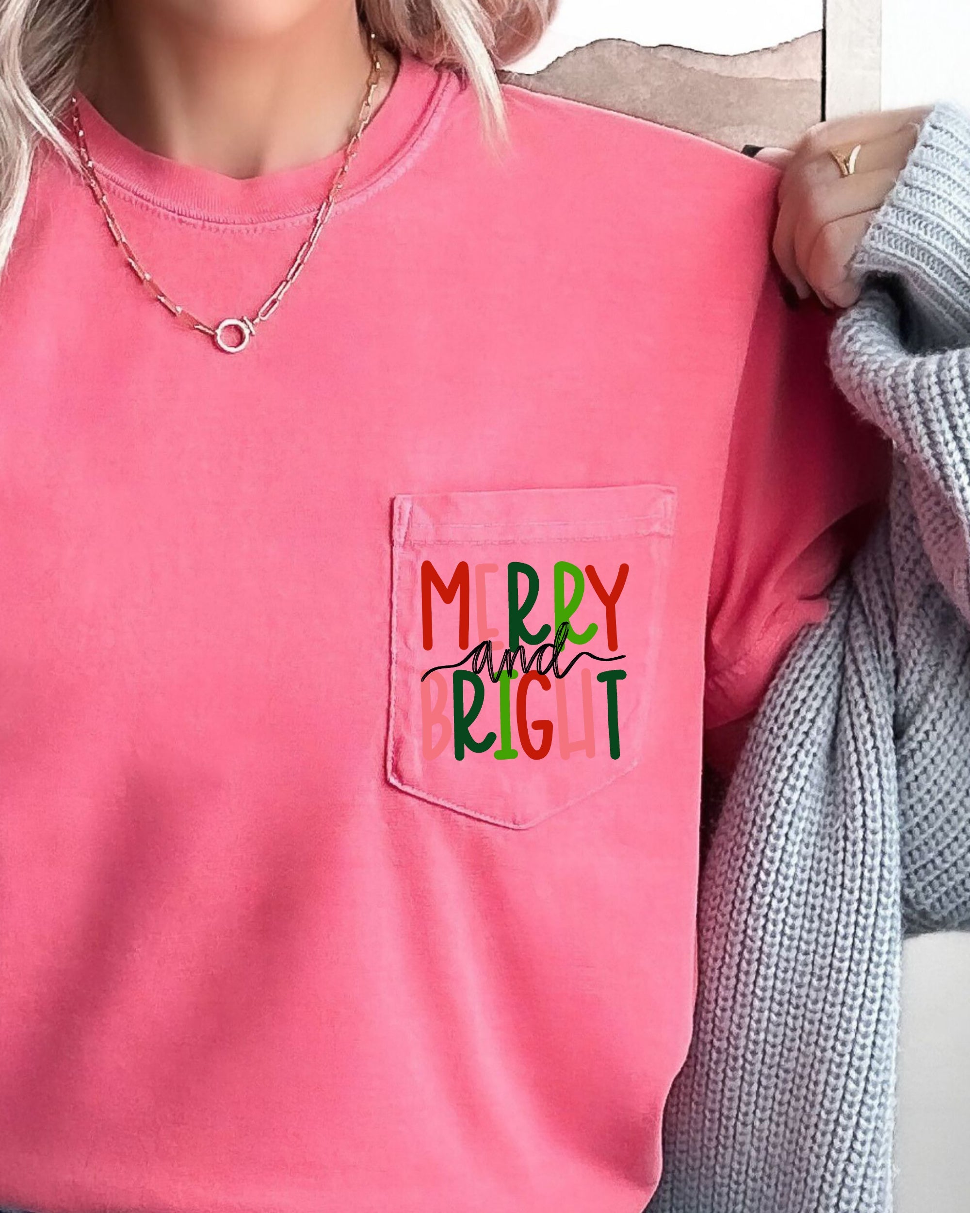 Merry And Bright Christmas Santa Snow Xmas Pocket Colorful Winter Scene Comfort Colors Tee