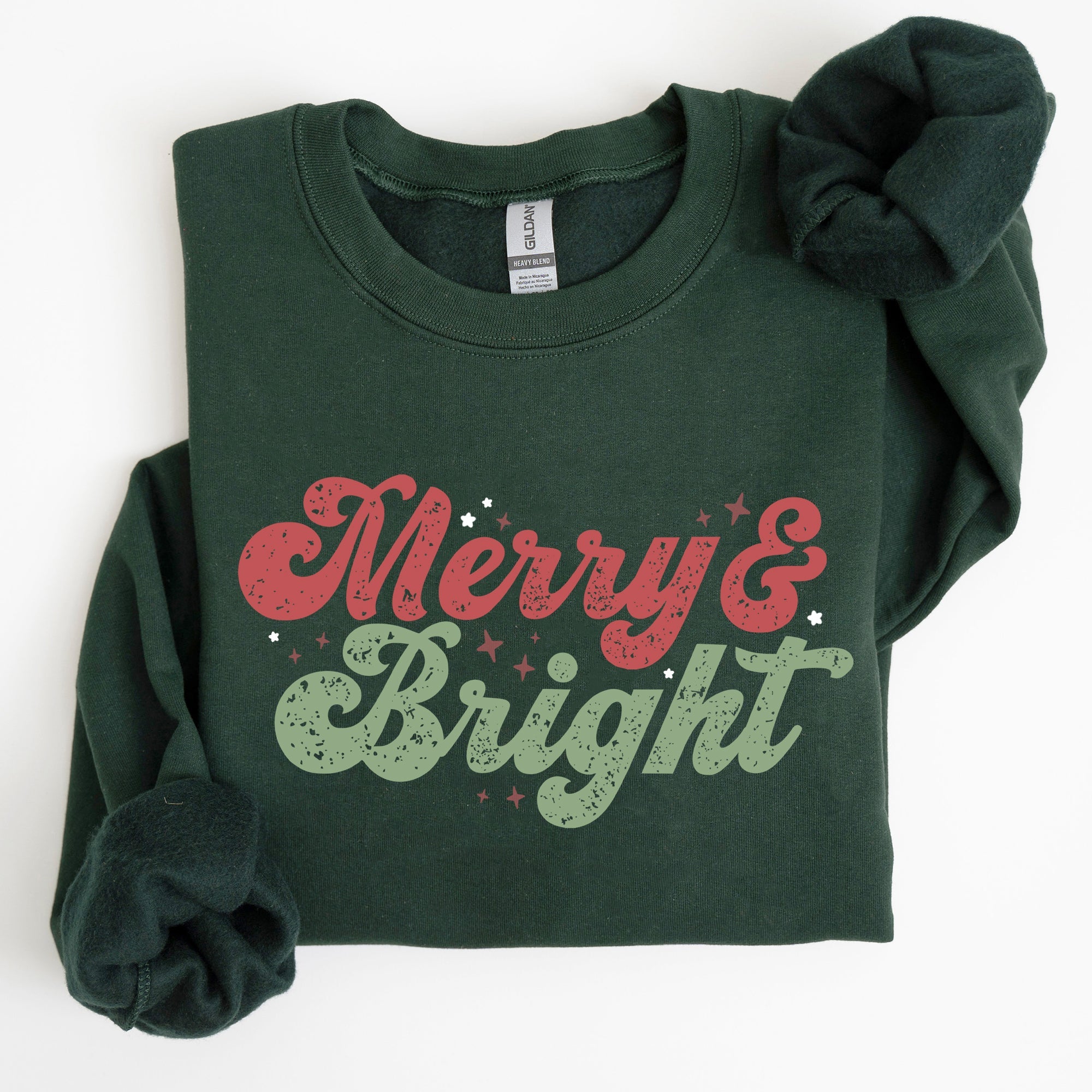 Merry And Bright Christmas Red And Green Holiday Cheer Cozy Fleece Print Sweatshirt