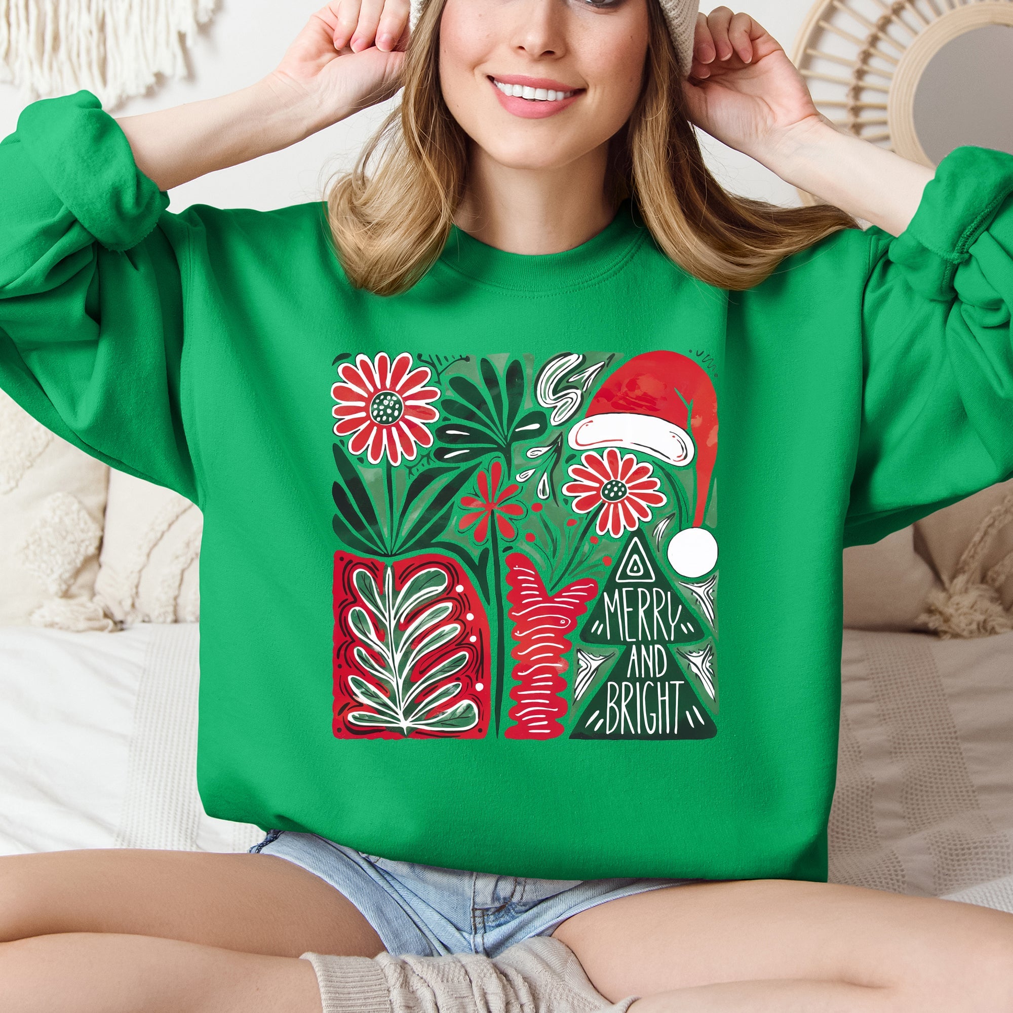 Merry and Bright Pattern Blocks Christmas Santa Hat Tree Ribbon Bow Vintage Retro Holiday Cheer Sweatshirt