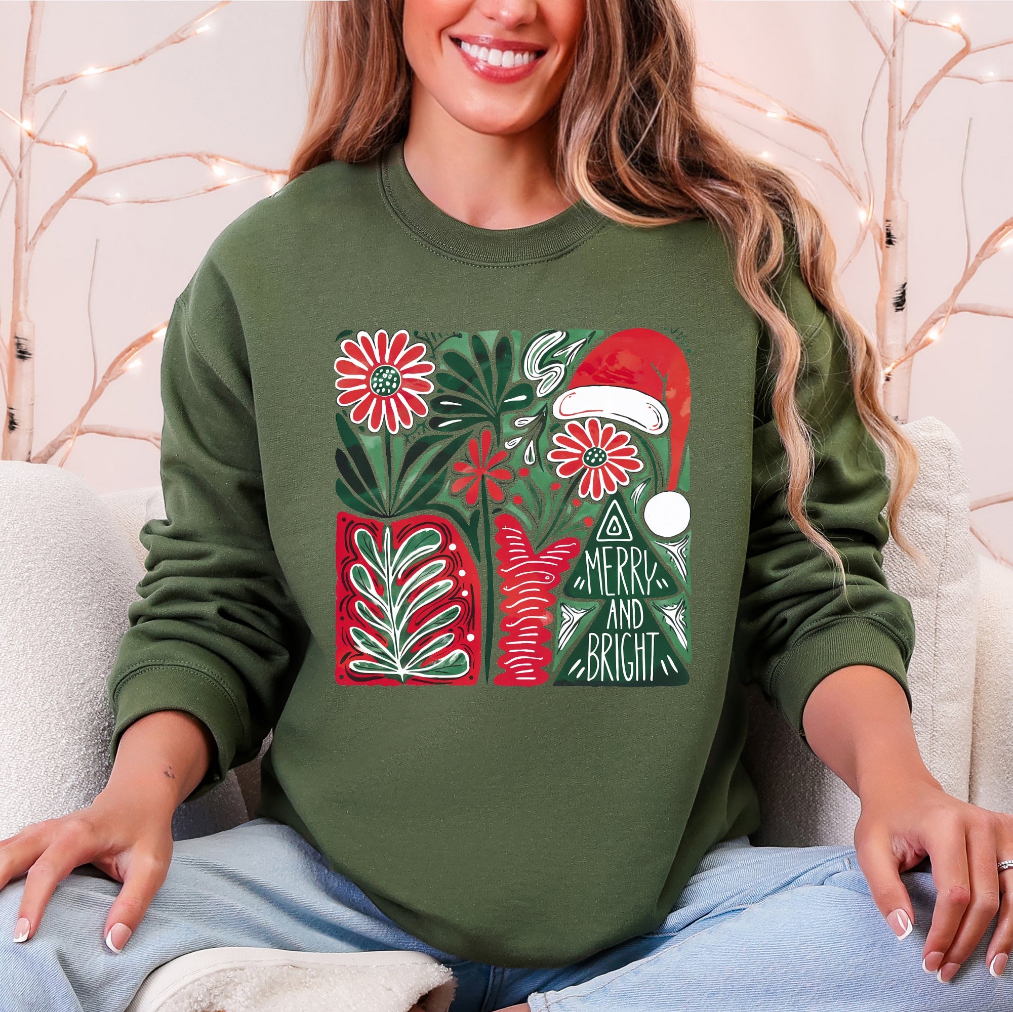 Merry and Bright Pattern Blocks Christmas Santa Hat Tree Ribbon Bow Vintage Retro Holiday Cheer Sweatshirt