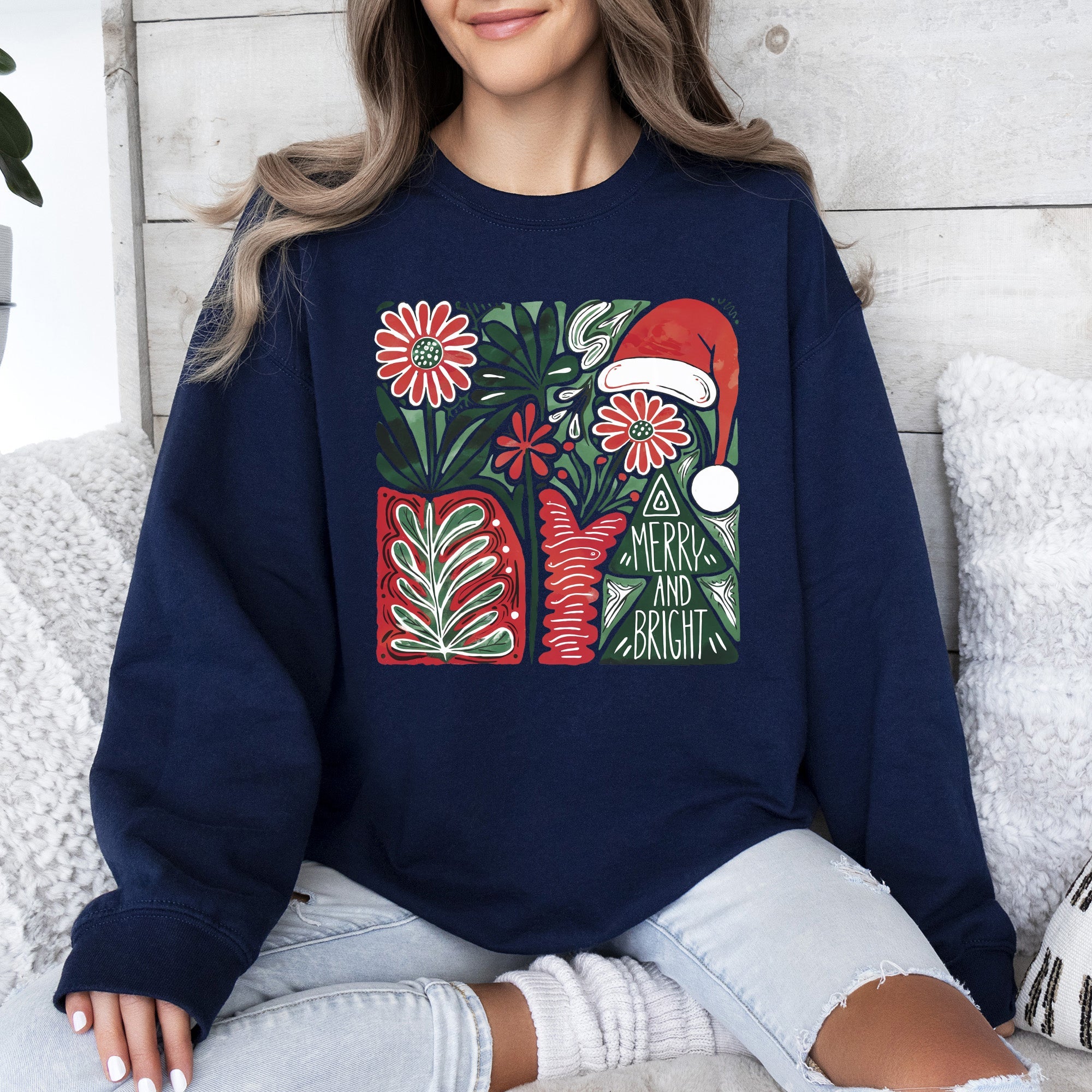 Merry and Bright Pattern Blocks Christmas Santa Hat Tree Ribbon Bow Vintage Retro Holiday Cheer Sweatshirt
