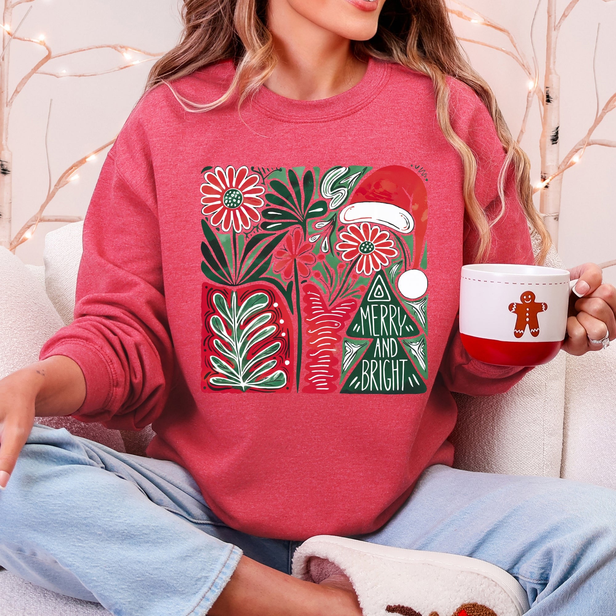 Merry and Bright Pattern Blocks Christmas Santa Hat Tree Ribbon Bow Vintage Retro Holiday Cheer Sweatshirt