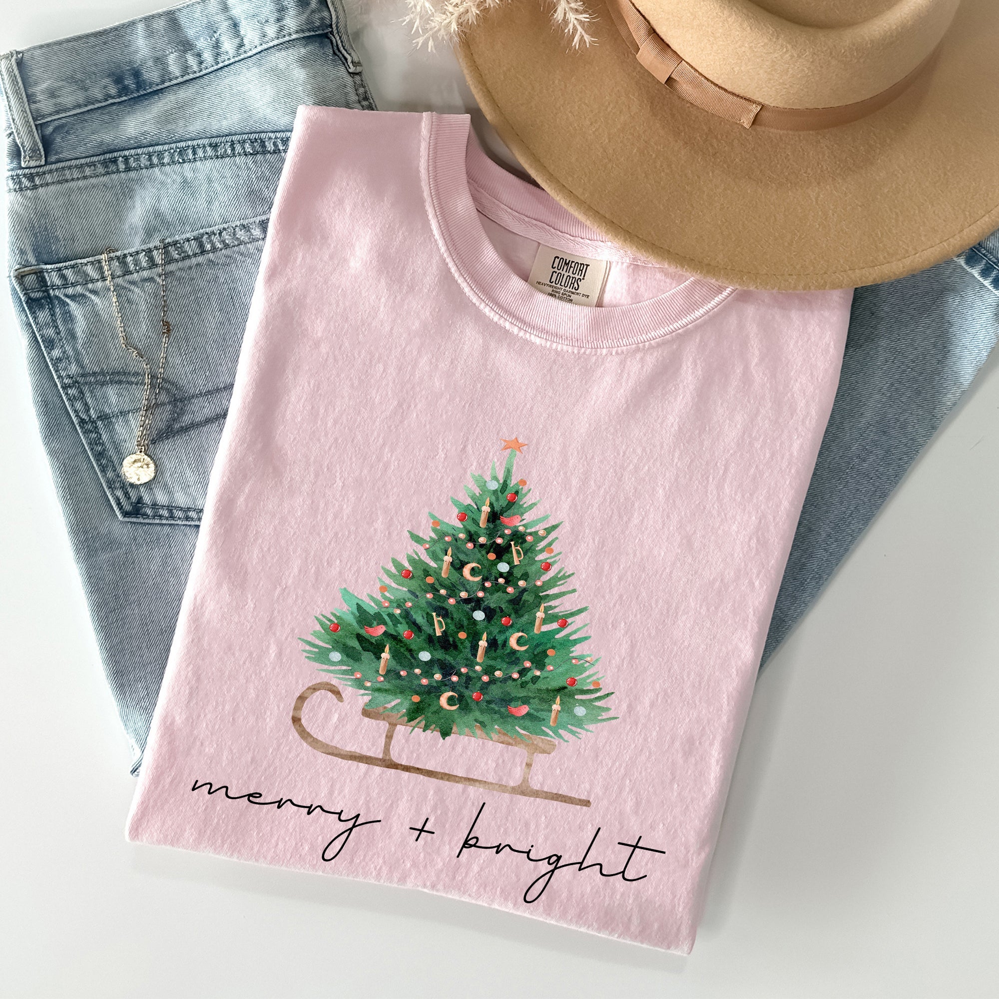 Merry And Bright Sleigh And Christmas Tree Winter Scene Holiday Edition Comfort Colors Tee