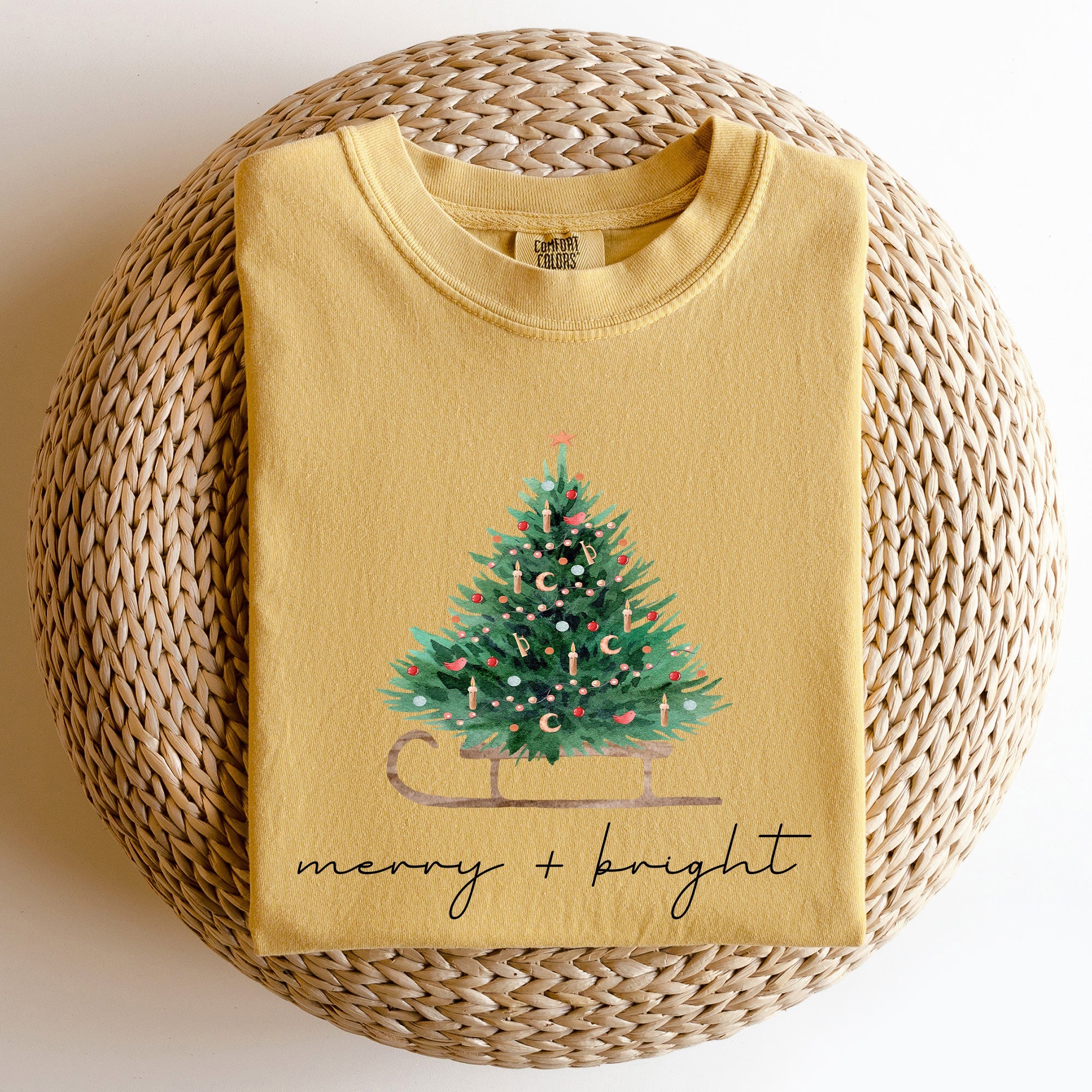 Merry And Bright Sleigh And Christmas Tree Winter Scene Holiday Edition Comfort Colors Tee