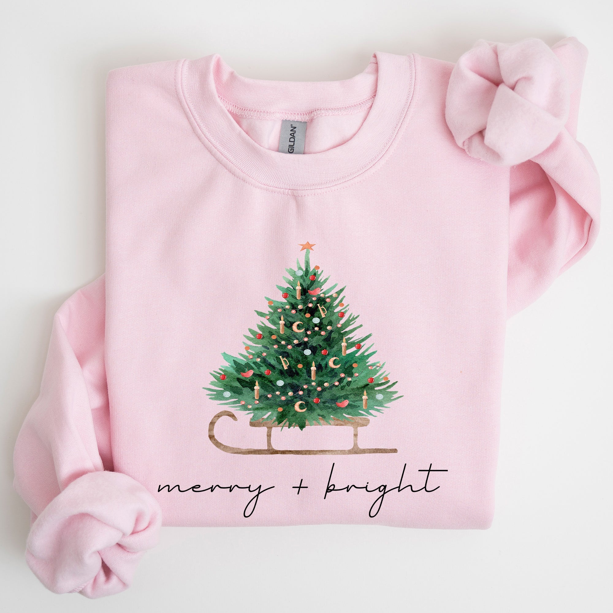 Merry And Bright Holiday Sleigh And Christmas Tree Winter Snow Xmas Scene Sweatshirt