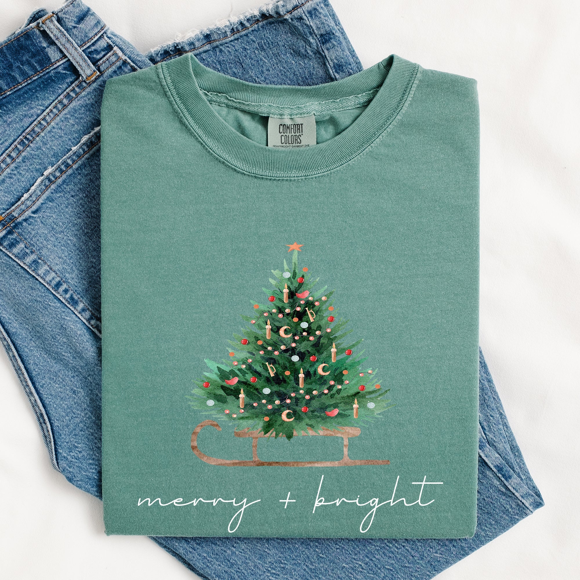 Merry And Bright Sleigh And Christmas Tree Winter Scene Holiday Edition Comfort Colors Tee