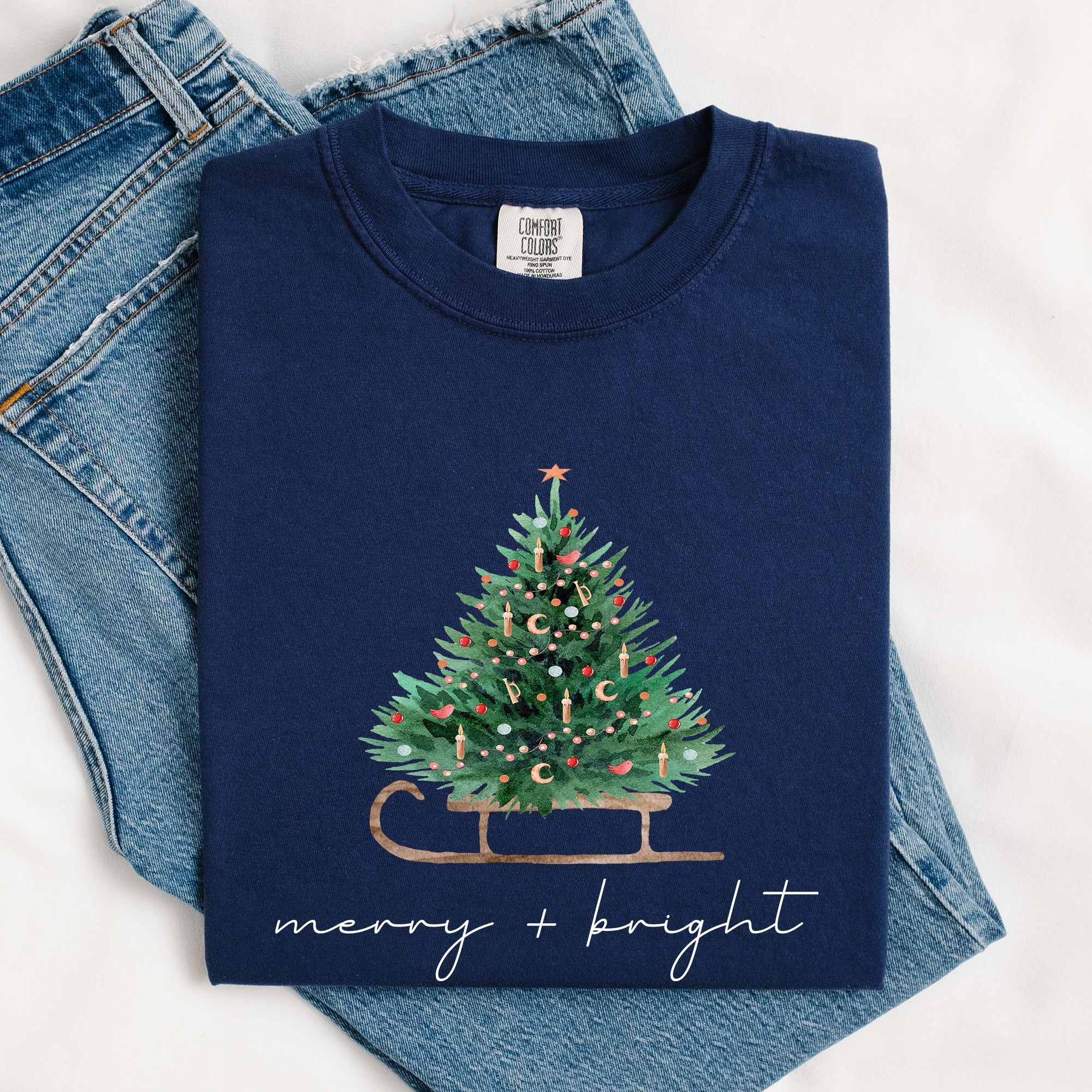 Merry And Bright Sleigh And Christmas Tree Winter Scene Holiday Edition Comfort Colors Tee