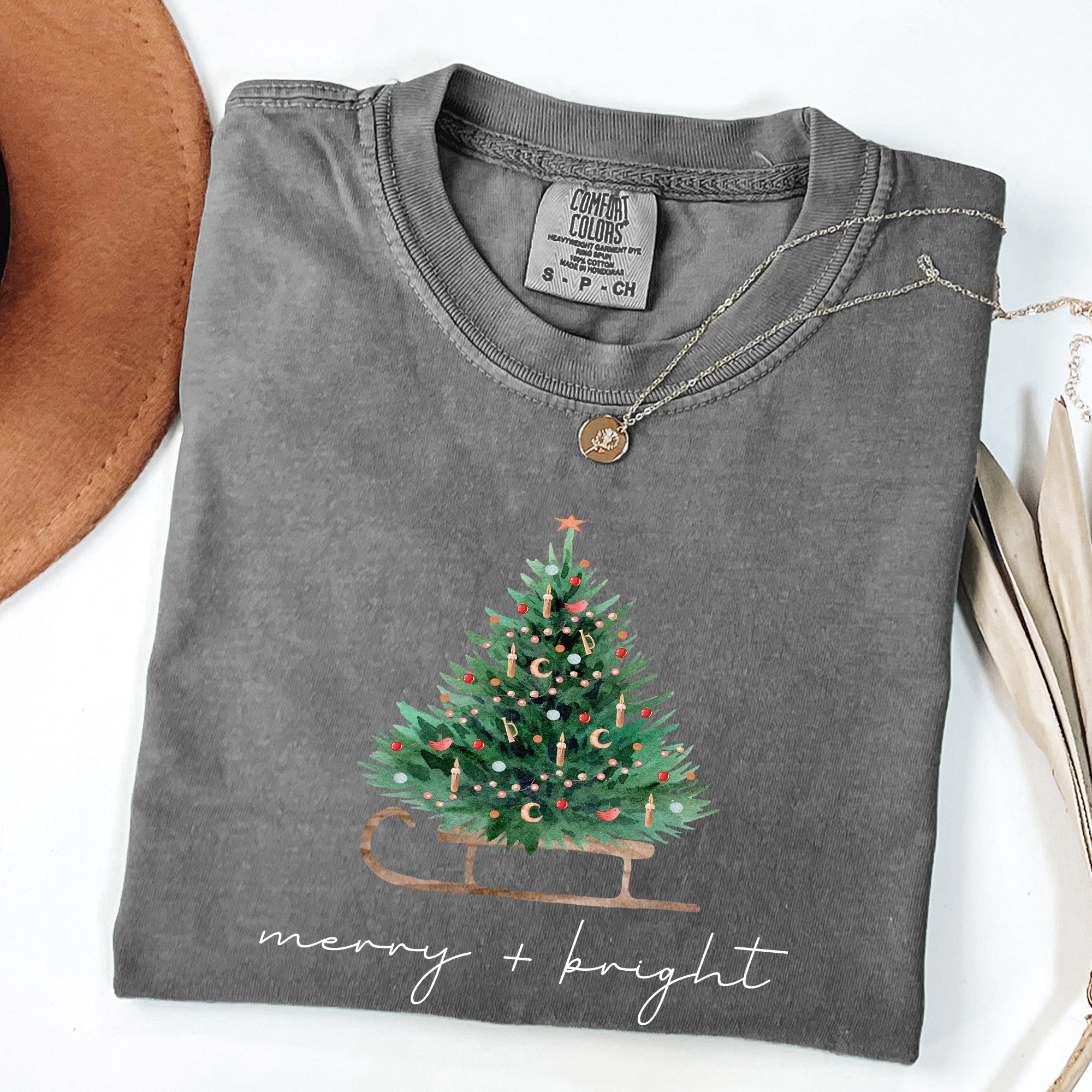 Merry And Bright Sleigh And Christmas Tree Winter Scene Holiday Edition Comfort Colors Tee