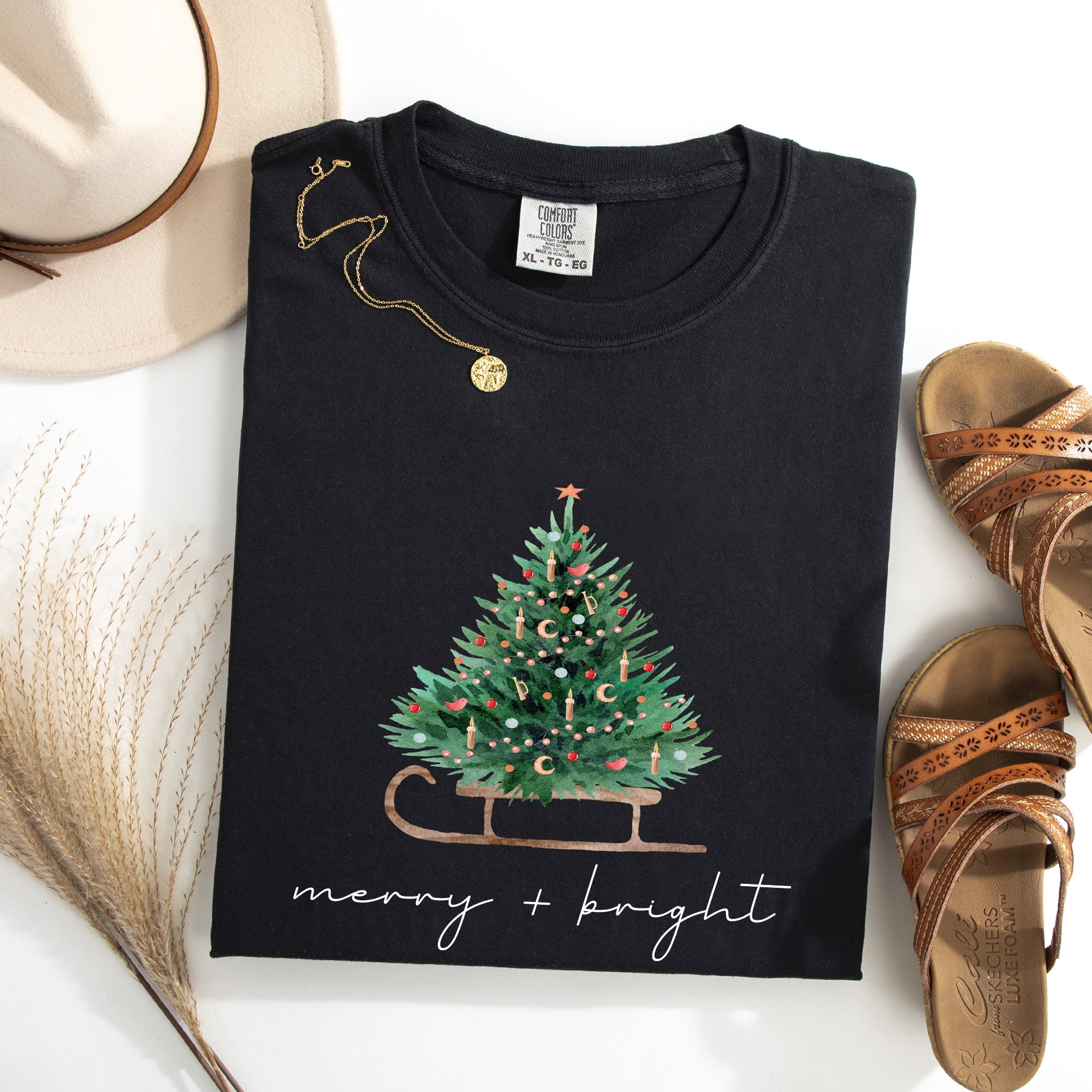 Merry And Bright Sleigh And Christmas Tree Winter Scene Holiday Edition Comfort Colors Tee